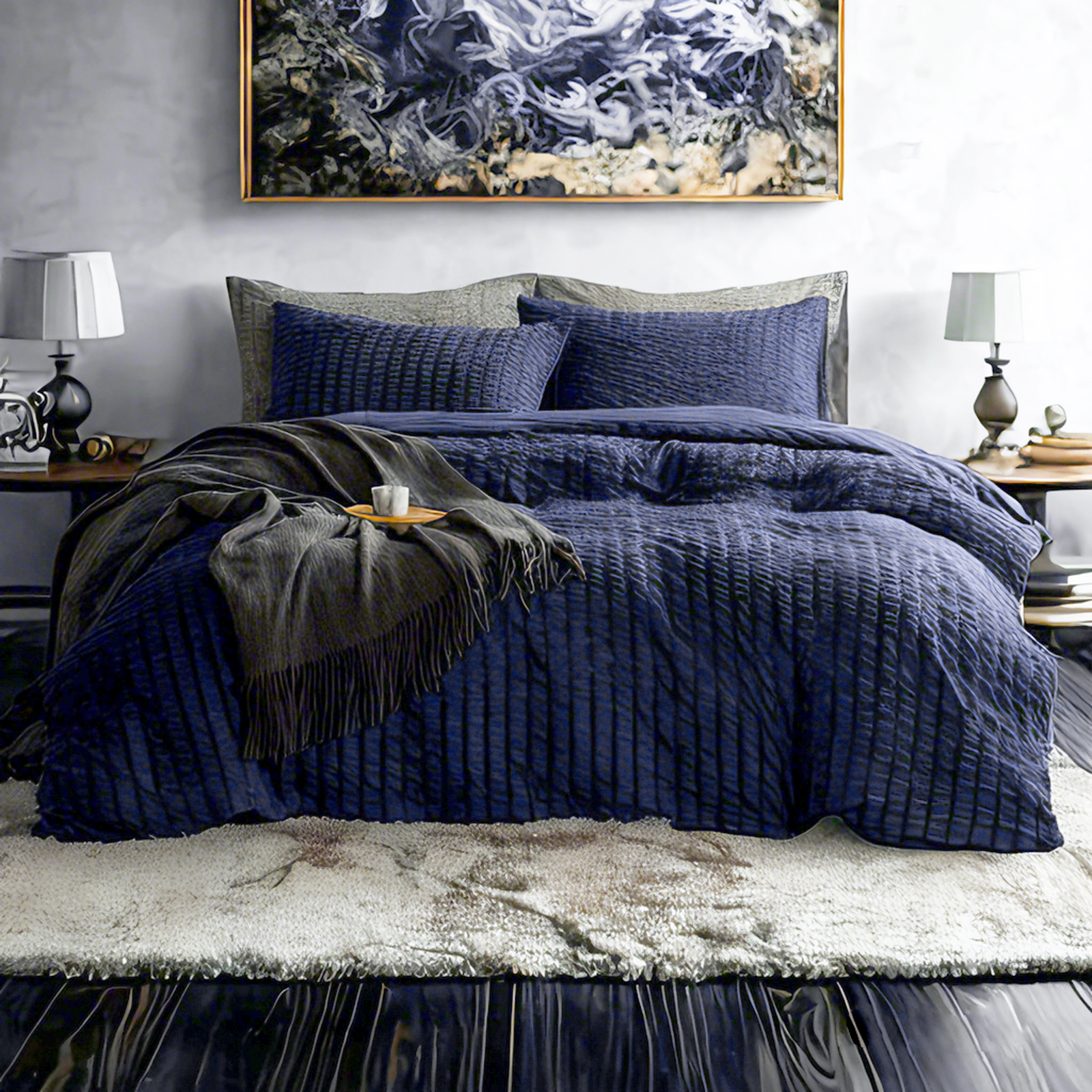 泡泡纱纹理床上用品，奢华柔软，经久耐用，藏青