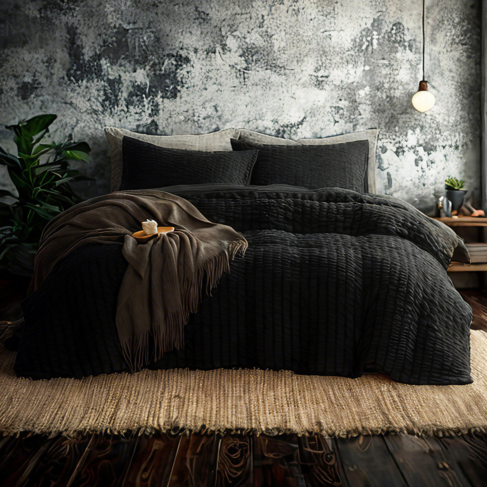 泡泡纱纹理床上用品，奢华柔软，经久耐用，黑色