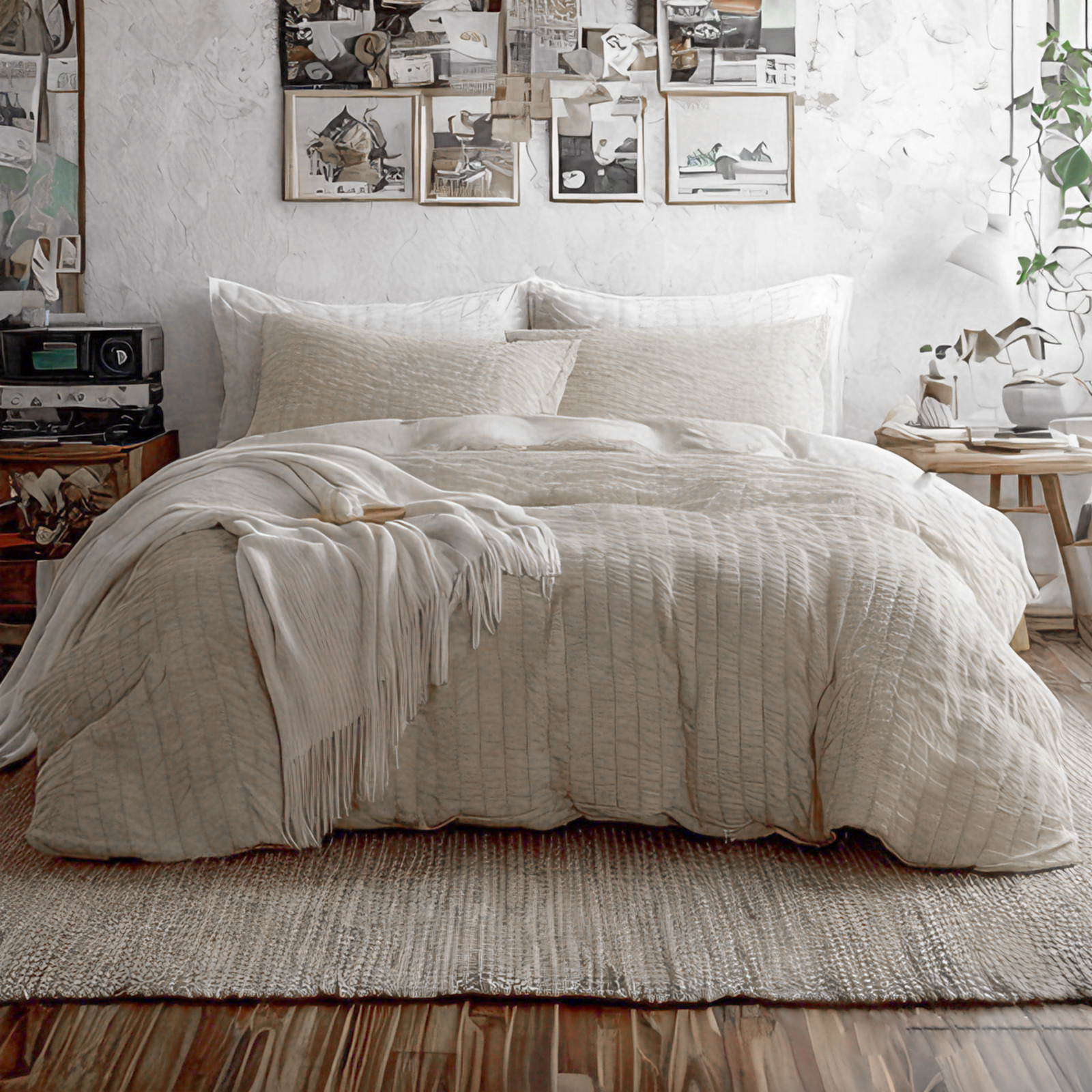 泡泡纱纹理床上用品，奢华柔软，经久耐用，浅卡其