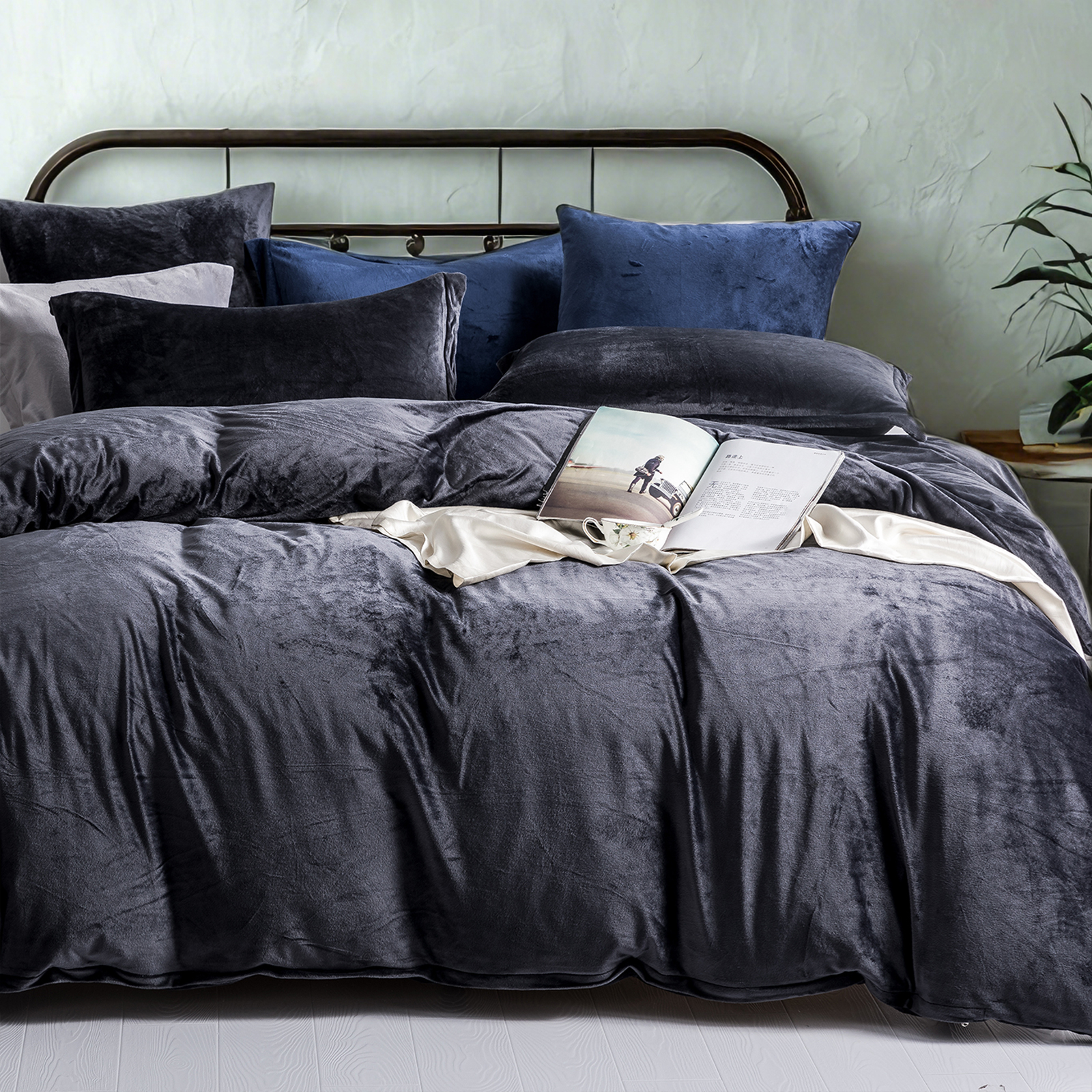 天鹅绒被套三件套，奢华柔软，拉链法兰绒被套，木炭灰