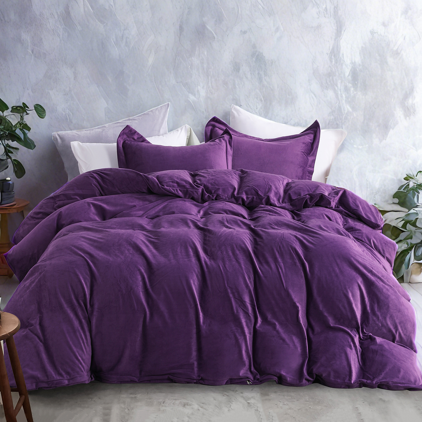 天鹅绒被套三件套，奢华柔软，拉链法兰绒被套，紫色