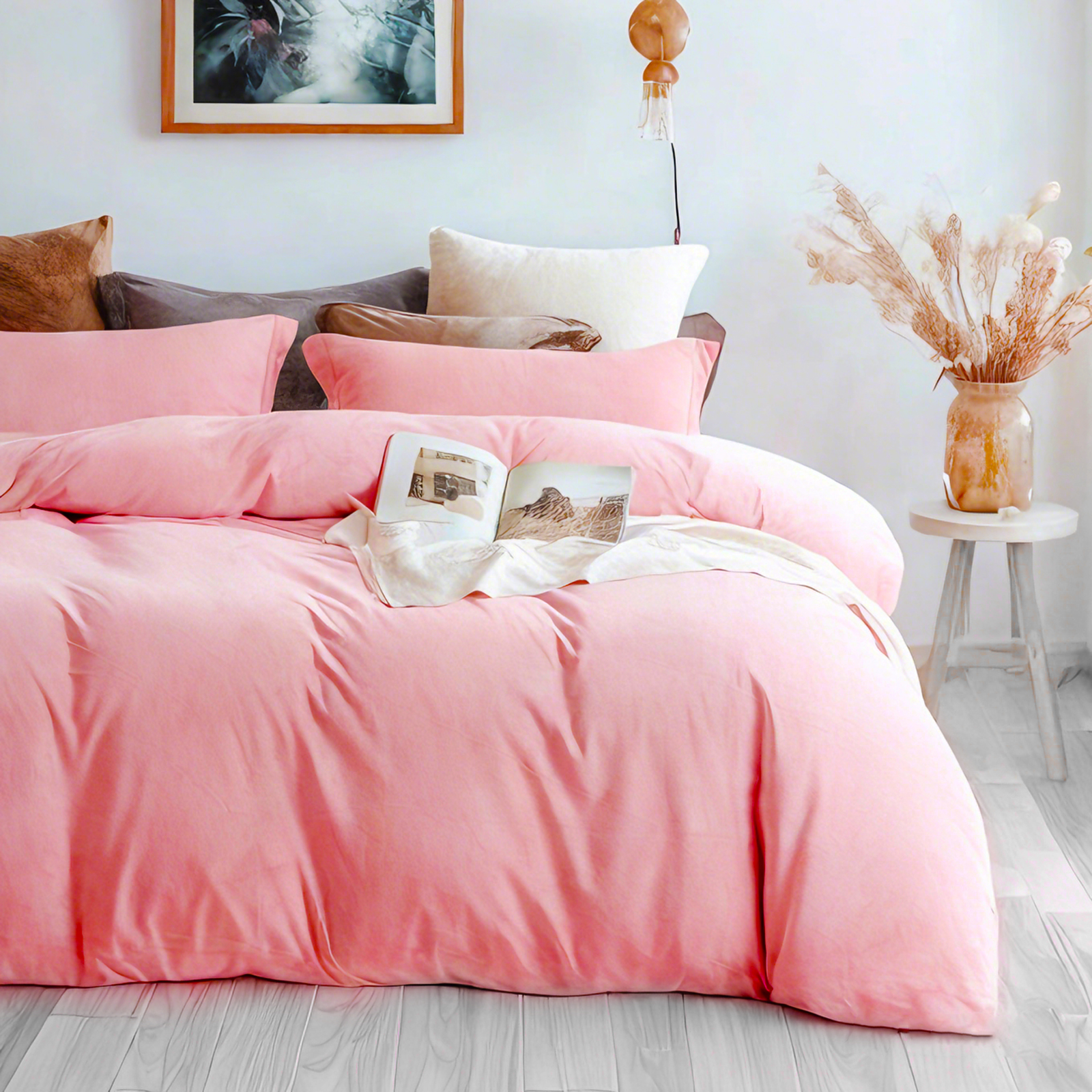 天鹅绒被套三件套，奢华柔软，拉链法兰绒被套，粉色