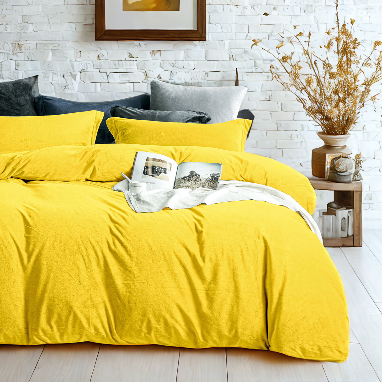 天鹅绒被套三件套，奢华柔软，拉链法兰绒被套，黄色