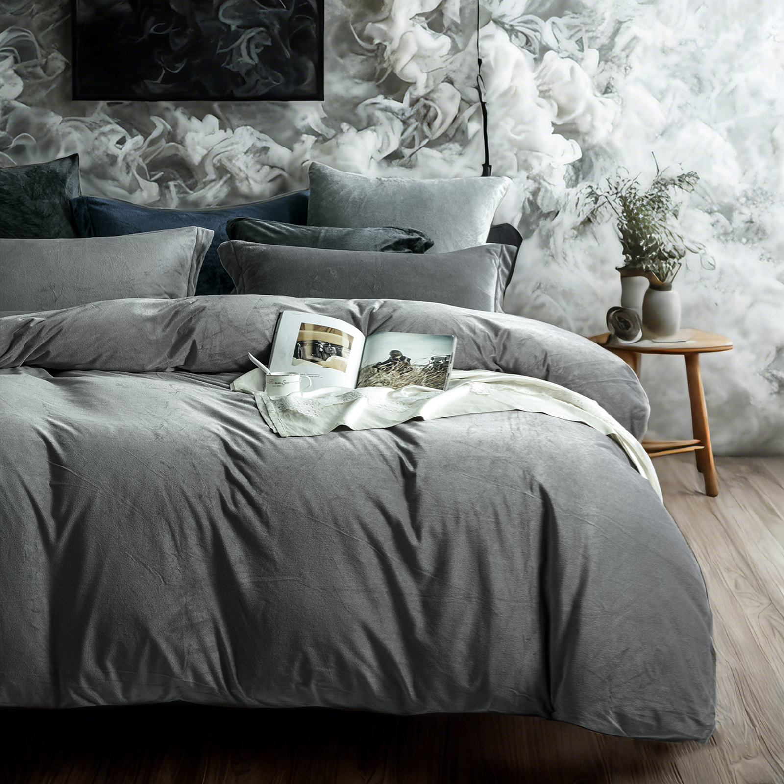 Velvet Duvet Cover Set, Luxuriously Soft, Zippered Flannel Comforter Cover, Smoke Grey