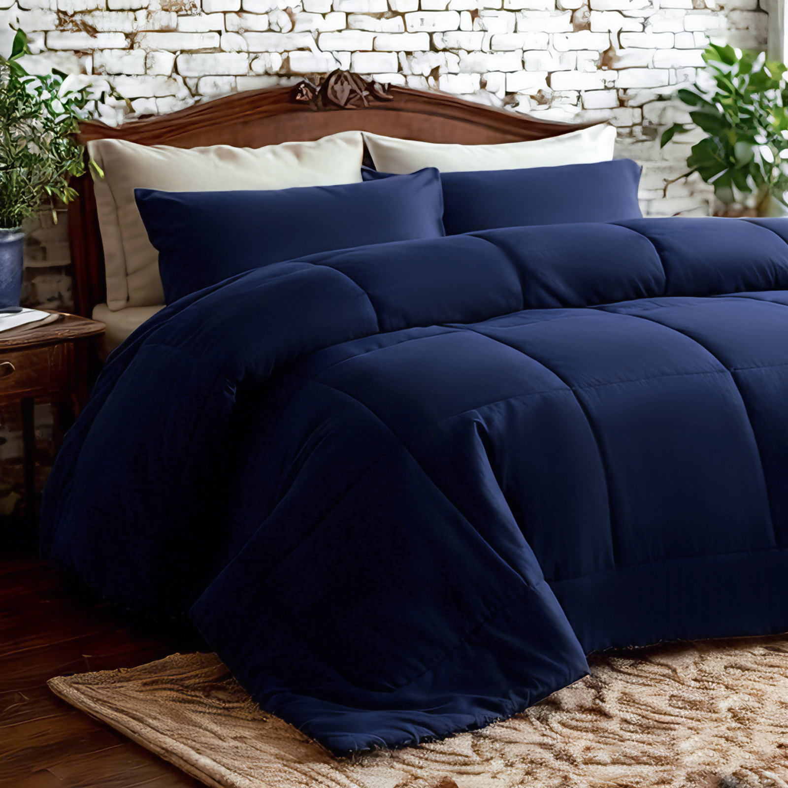 仿羽绒被，四季超细纤维绗缝被，带角边，可机洗，柔软轻便，藏青