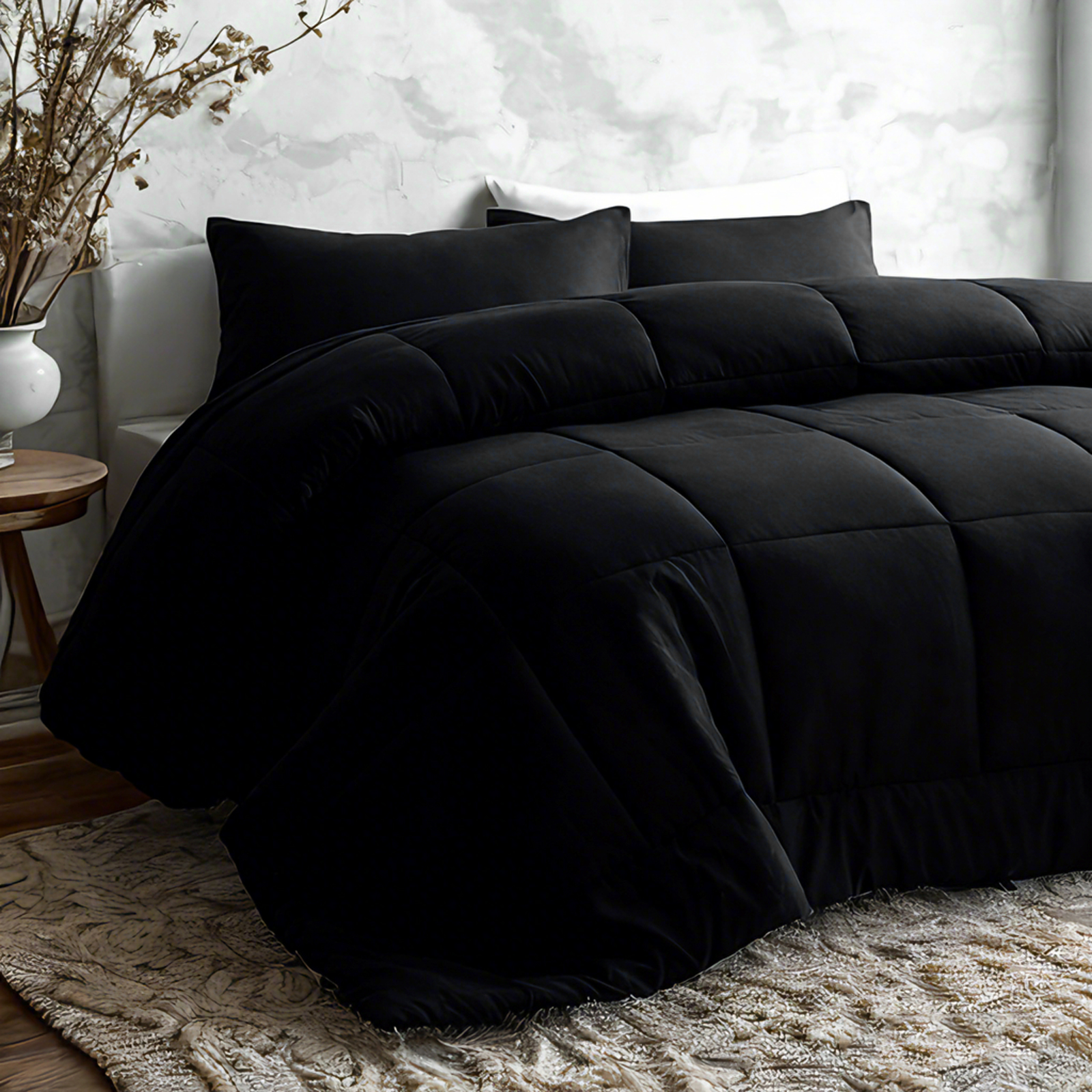 仿羽绒被，四季超细纤维绗缝被，带角边，可机洗，柔软轻便，黑色