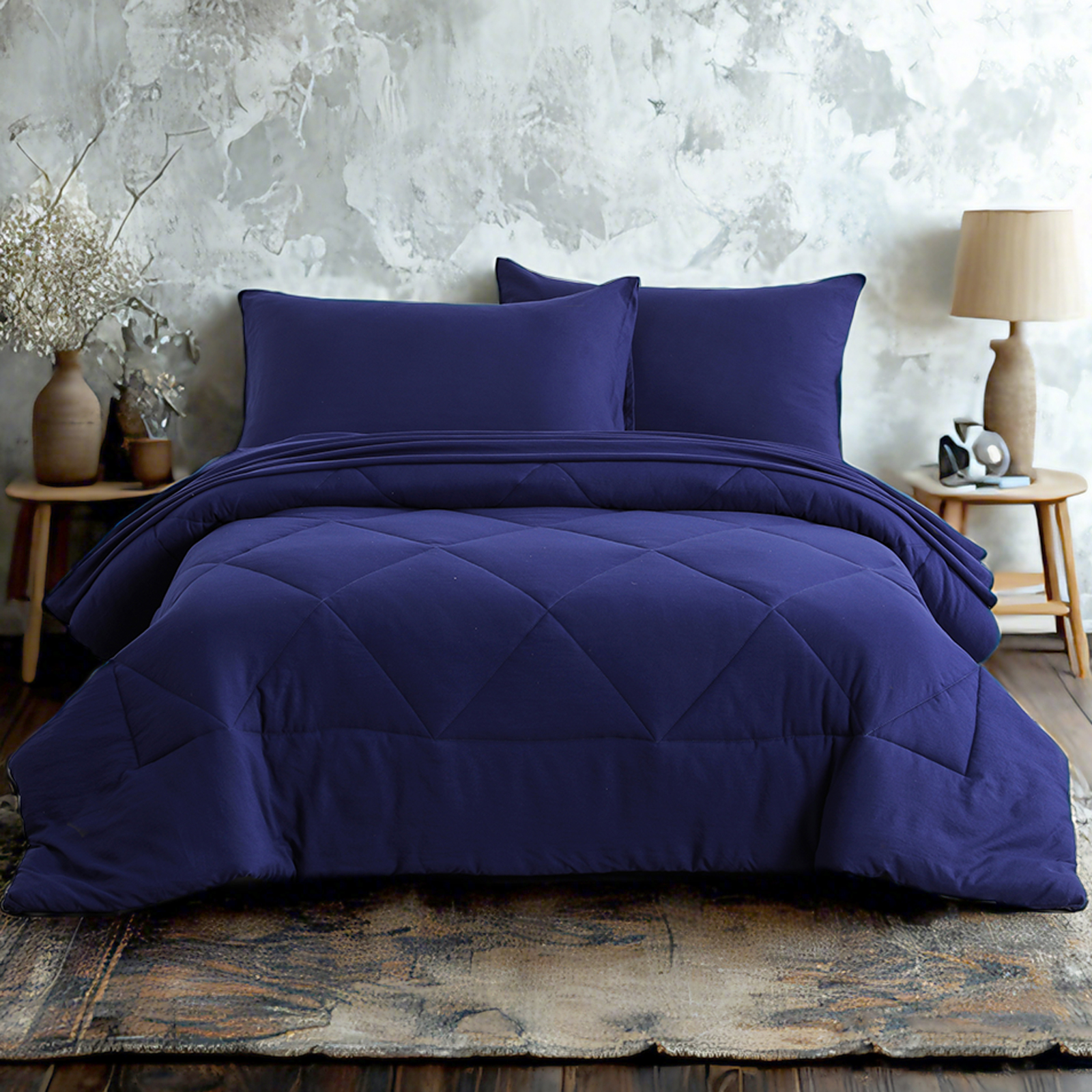 超细纤维被套（含床单床笠枕套被子），四季皆宜的柔软床上用品套装，藏青
