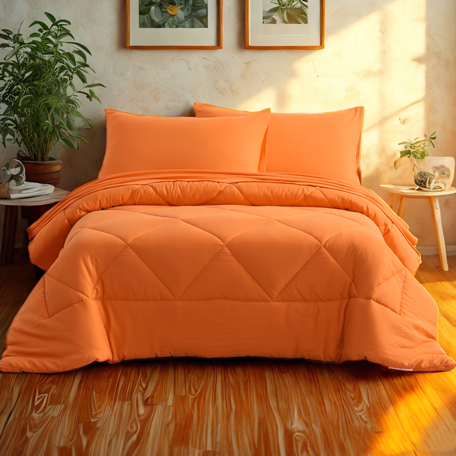 超细纤维被套（含床单床笠枕套被子），四季皆宜的柔软床上用品套装，橘黄