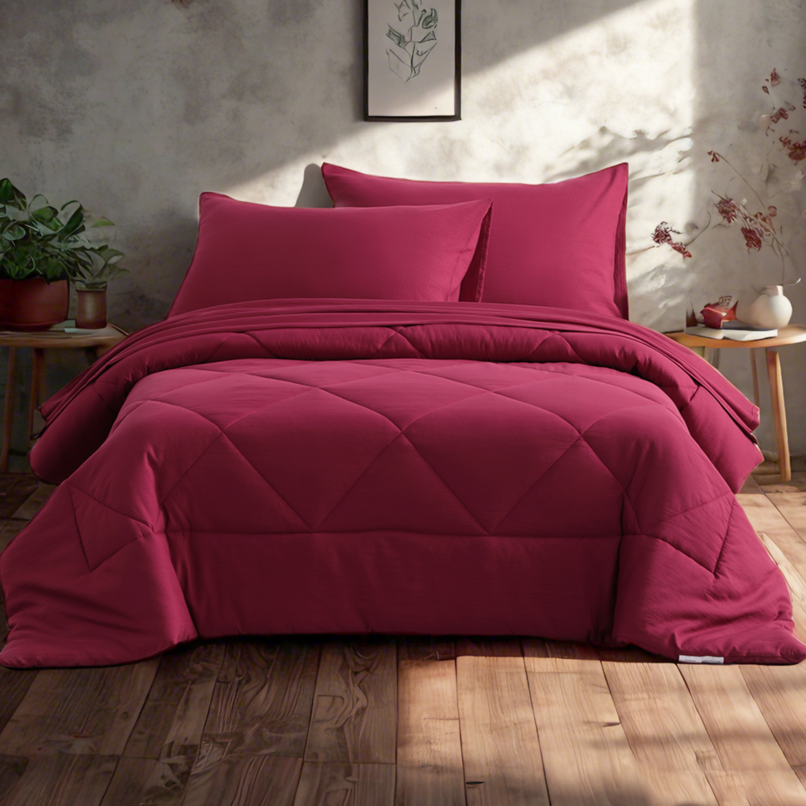 超细纤维被套（含床单床笠枕套被子），四季皆宜的柔软床上用品套装，红色