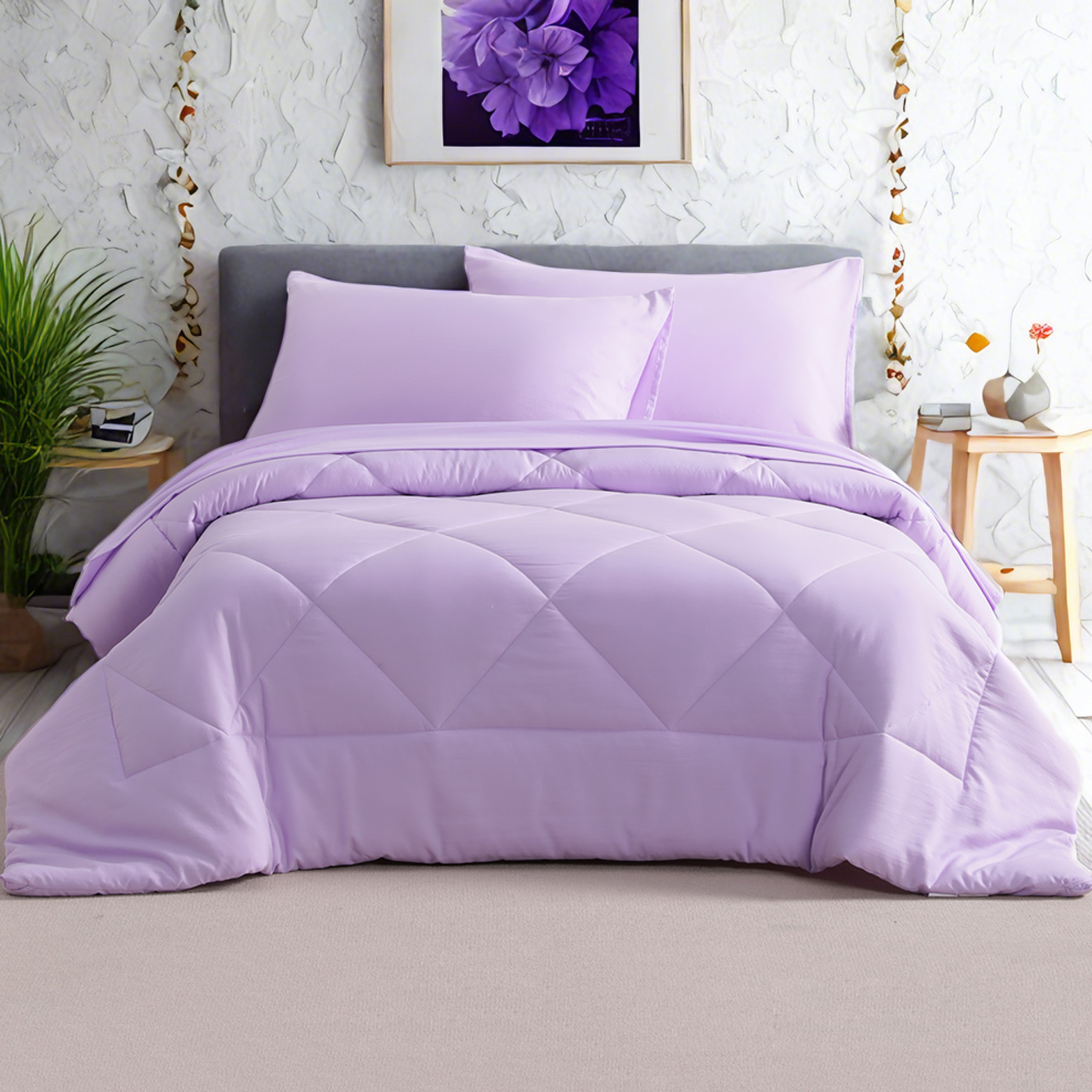 超细纤维被套（含床单床笠枕套被子），四季皆宜的柔软床上用品套装，浅紫