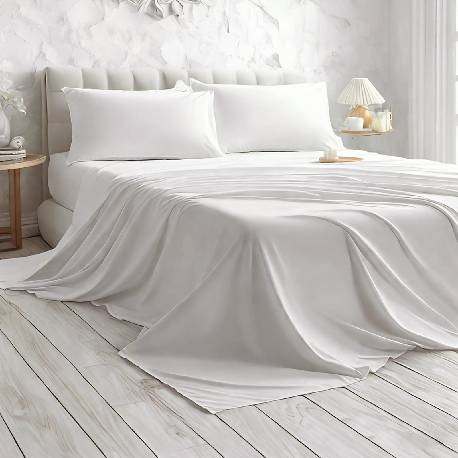 刺绣超细纤维床单套装，超柔软舒适，抗皱、防褪色、防污渍，深口袋床笠，白色