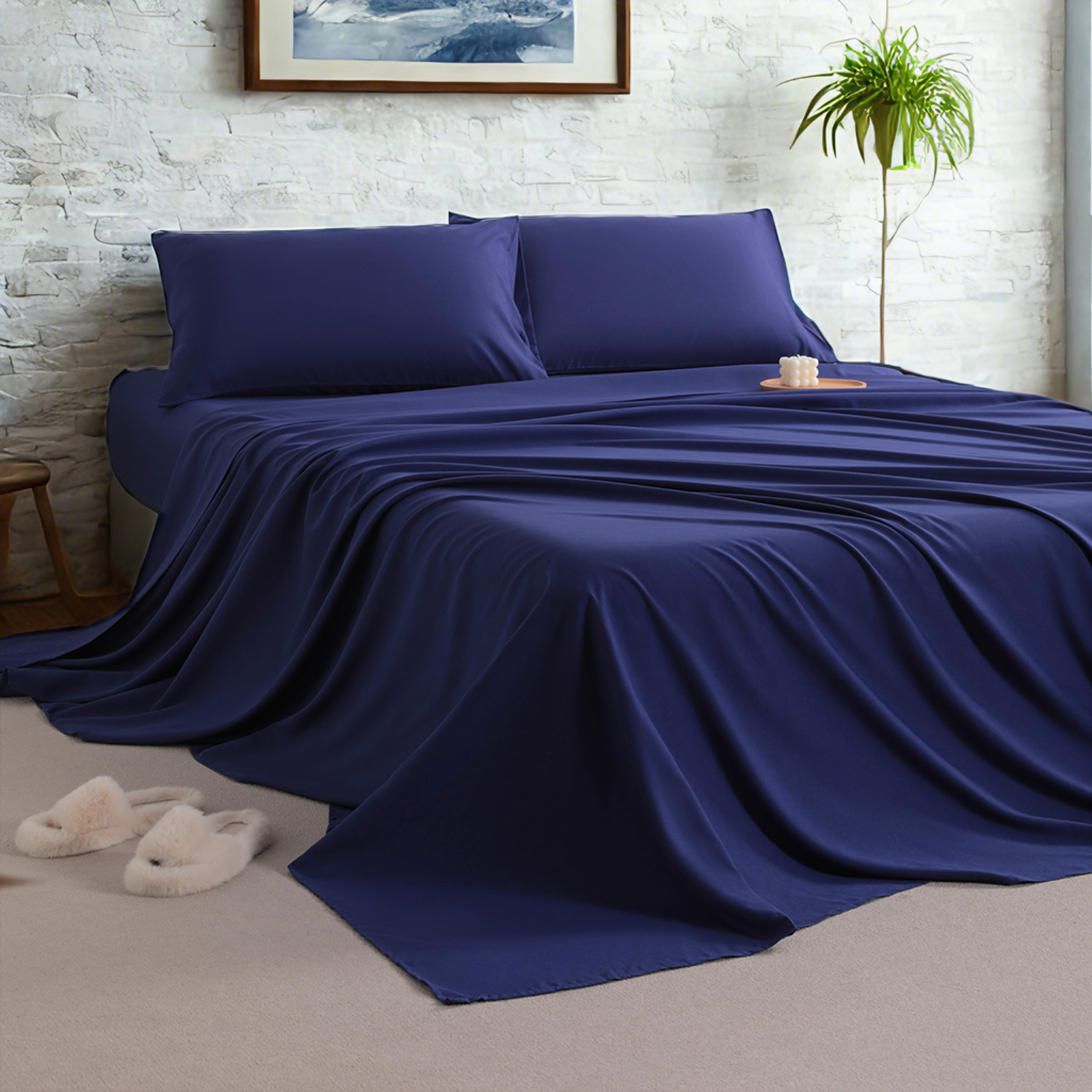 Embroidered Microfiber Bed Sheet Set, Super Soft and Cozy, Wrinkle, Fade, Stain Resistant, Deep Pocket Fitted Sheet, Navy Blue