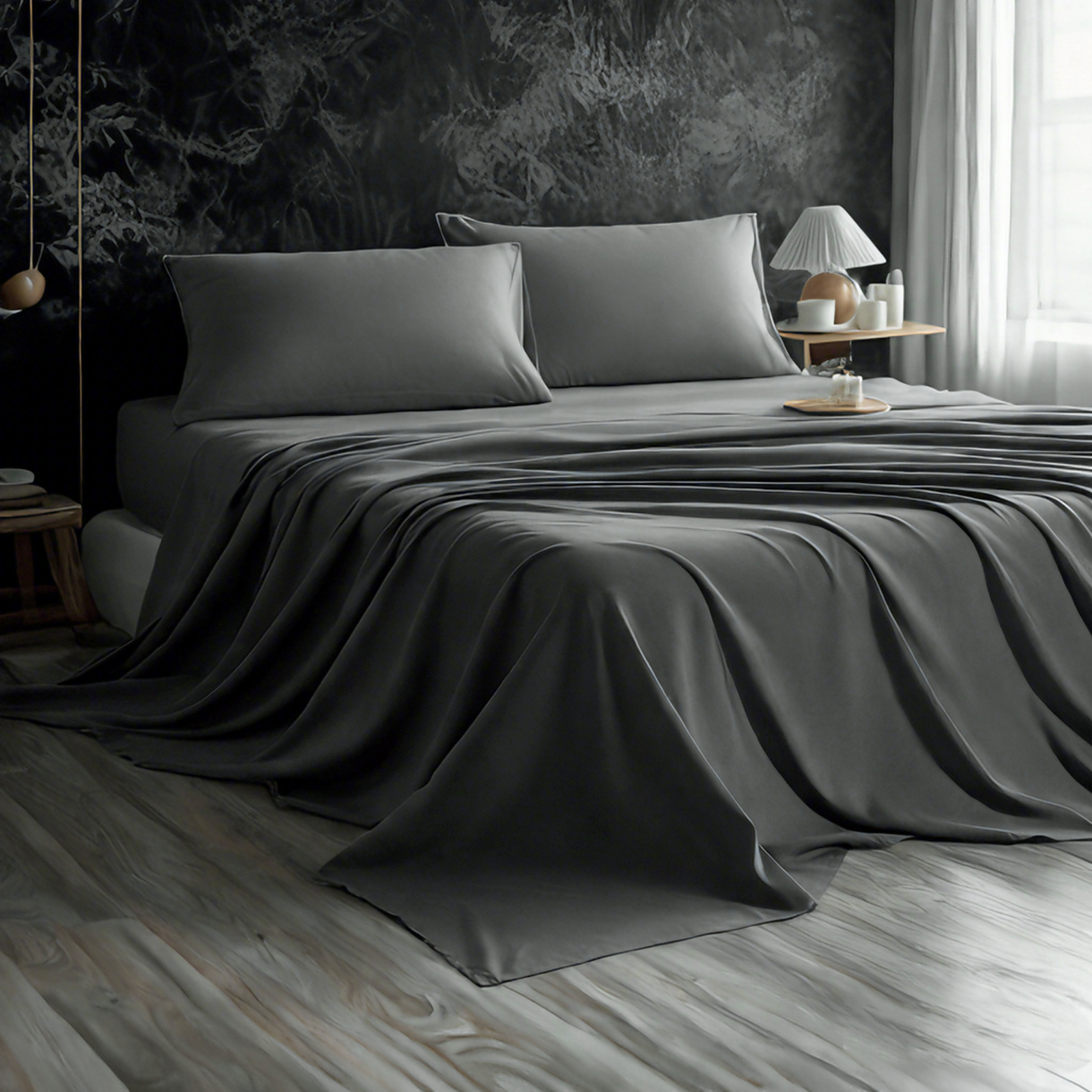 Embroidered Microfiber Bed Sheet Set, Super Soft and Cozy, Wrinkle, Fade, Stain Resistant, Deep Pocket Fitted Sheet, Dark Grey