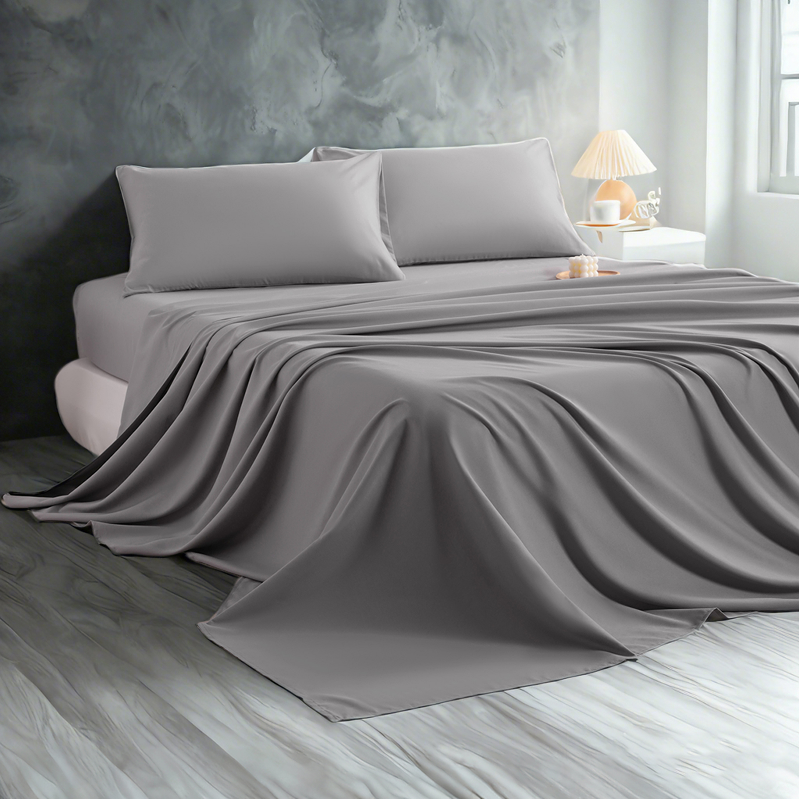 刺绣超细纤维床单套装，超柔软舒适，抗皱、防褪色、防污渍，深口袋床笠，浅灰