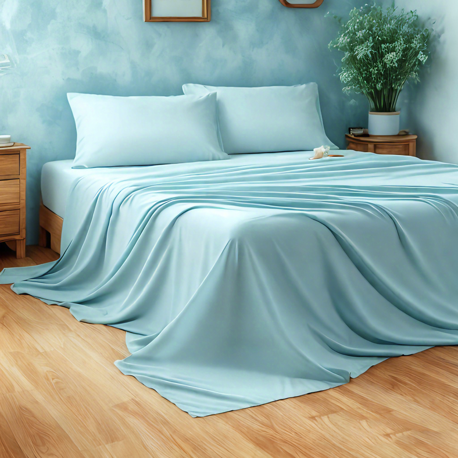 刺绣超细纤维床单套装，超柔软舒适，抗皱、防褪色、防污渍，深口袋床笠，淡蓝