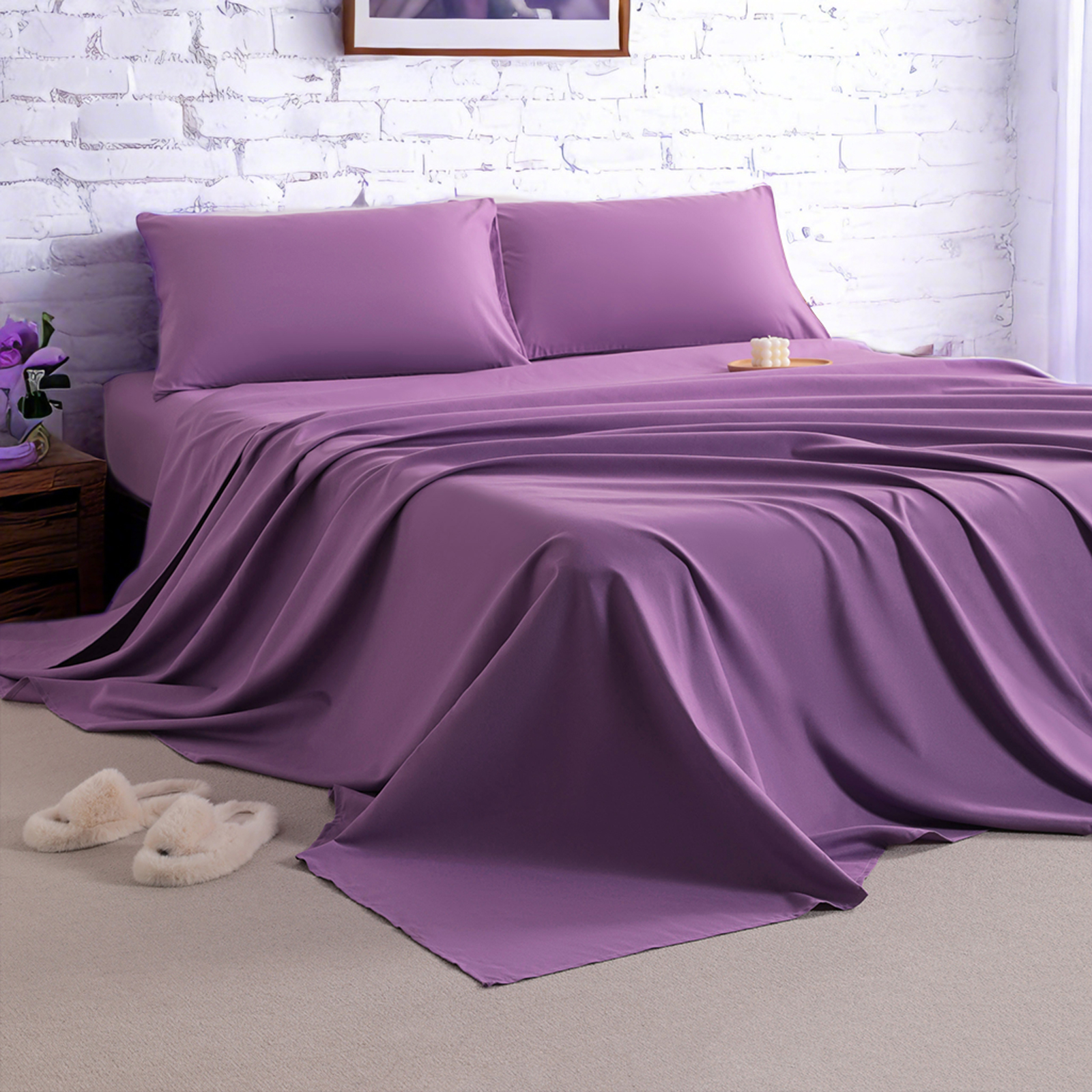 刺绣超细纤维床单套装，超柔软舒适，抗皱、防褪色、防污渍，深口袋床笠，紫色