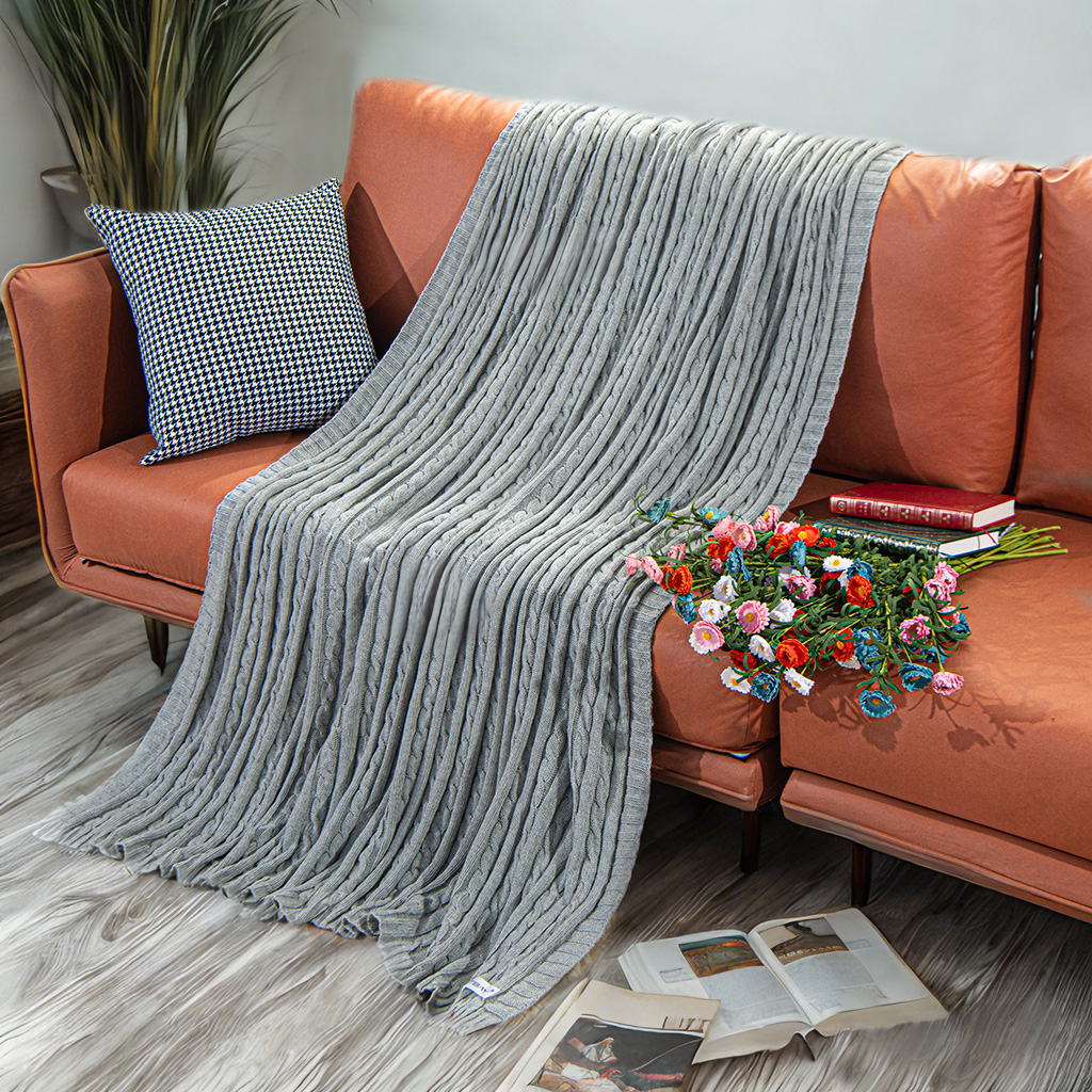 Cozy Cotton Cable Knit Blanket, Soft and Warm Blanket, Perfect for Couch, Sofa, Bed, Chair - Machine Washable
