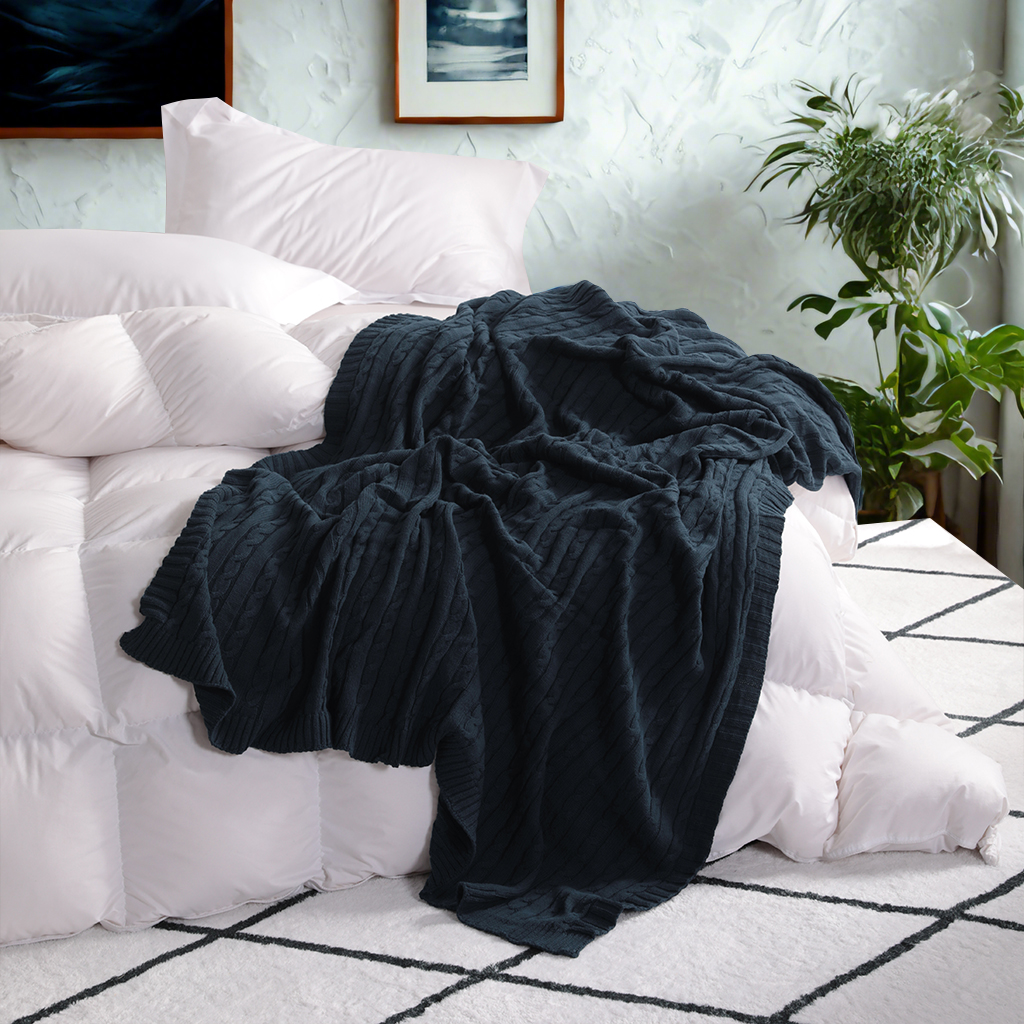 舒适的棉质针织毯毛毯，柔软保暖，沙发、沙发、床、椅子的理想选择 - 可机洗