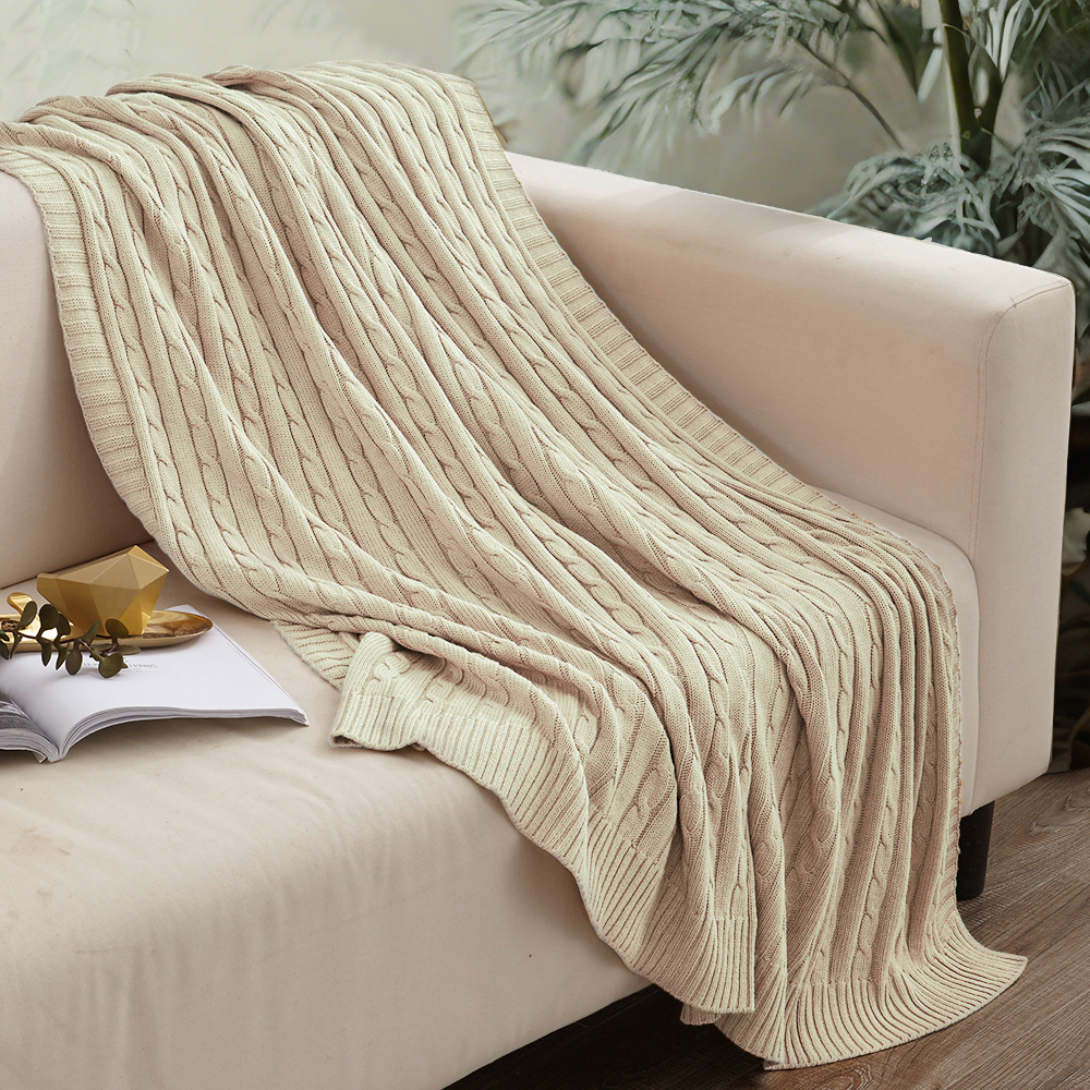 Cozy Cotton Cable Knit Blanket, Soft and Warm Blanket, Perfect for Couch, Sofa, Bed, Chair - Machine Washable