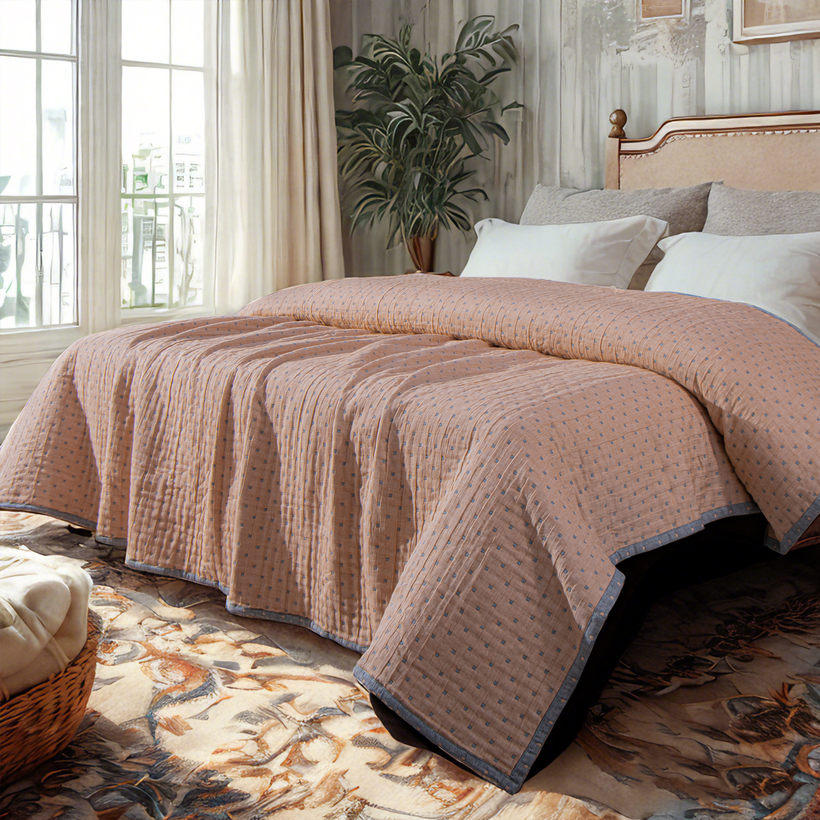 3-Layer Cotton Muslin Bed Blanket, Soft and Breathable Quilt for Adults, for All-Season Couch Sofa