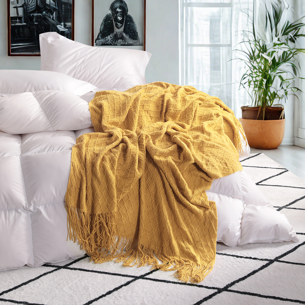 带流苏的轻型腈纶针织毯，柔软舒适的编织装饰毯，适用于旅行、沙发、床、沙发