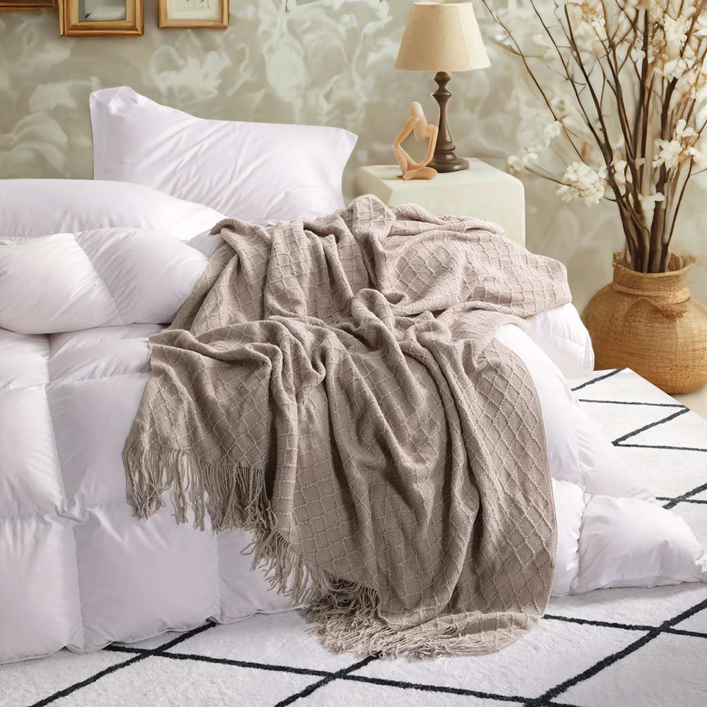 带流苏的轻型腈纶针织毯，柔软舒适的编织装饰毯，适用于旅行、沙发、床、沙发