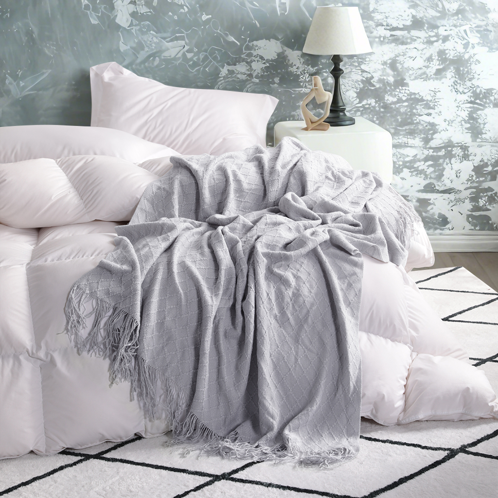 带流苏的轻型腈纶针织毯，柔软舒适的编织装饰毯，适用于旅行、沙发、床、沙发