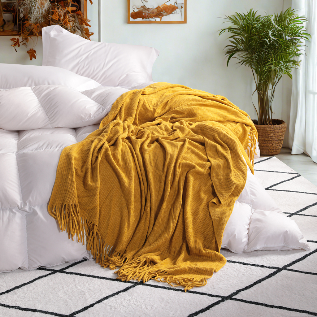 带流苏的轻型腈纶针织毯，柔软舒适的编织装饰毯，适用于旅行、沙发、床、沙发