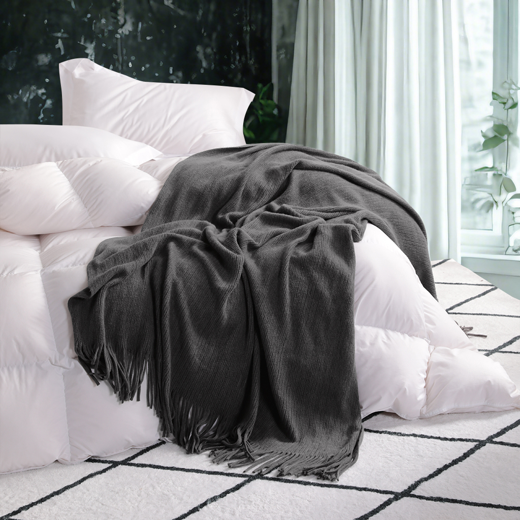 带流苏的轻型腈纶针织毯，柔软舒适的编织装饰毯，适用于旅行、沙发、床、沙发