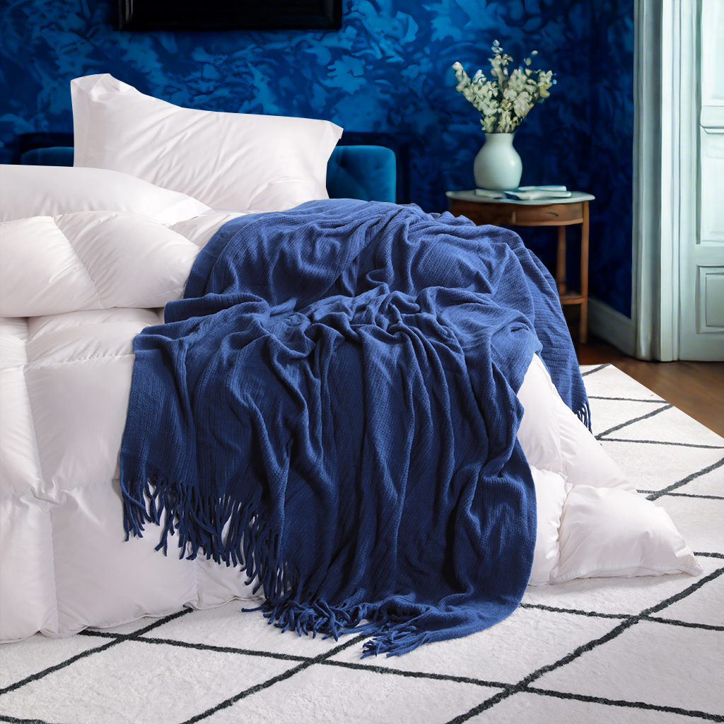 带流苏的轻型腈纶针织毯，柔软舒适的编织装饰毯，适用于旅行、沙发、床、沙发