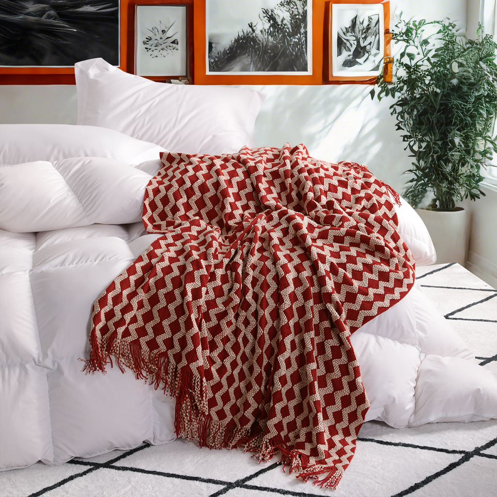 带流苏的轻型腈纶针织毯，柔软舒适的编织装饰毯，适用于旅行、沙发、床、沙发