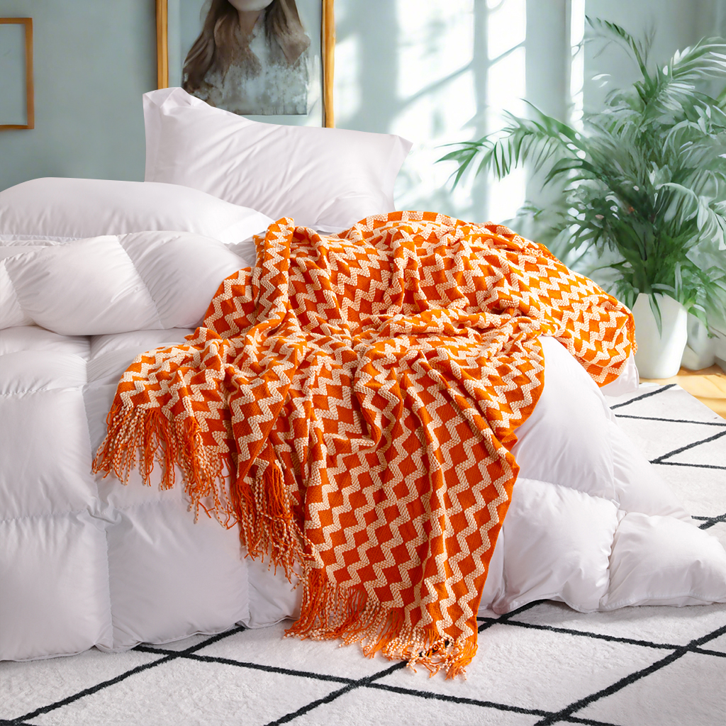 带流苏的轻型腈纶针织毯，柔软舒适的编织装饰毯，适用于旅行、沙发、床、沙发