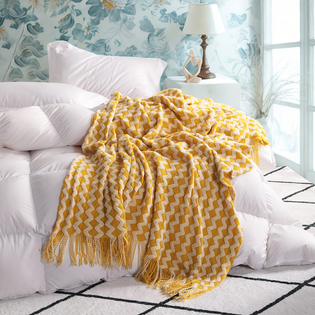 Lightweight Acrylic Knitted Throw Blanket with Tassels, Soft and Cozy Woven Decorative Blanket for Couch, Bed, Sofa