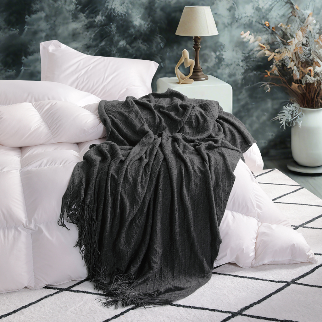 带流苏的轻型腈纶针织毯，柔软舒适的编织装饰毯，适用于旅行、沙发、床、沙发