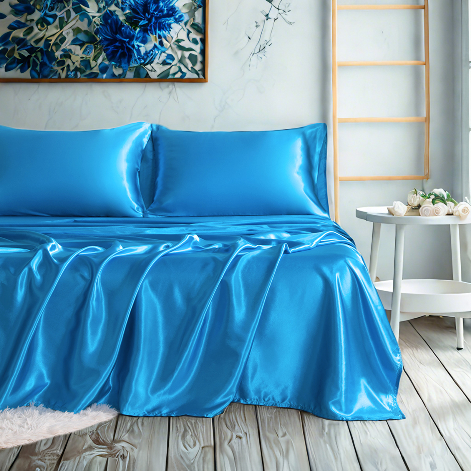 色丁床单套装，奢华丝滑纯色床单和枕套组合，含床单、枕套、深口袋床笠，宝蓝