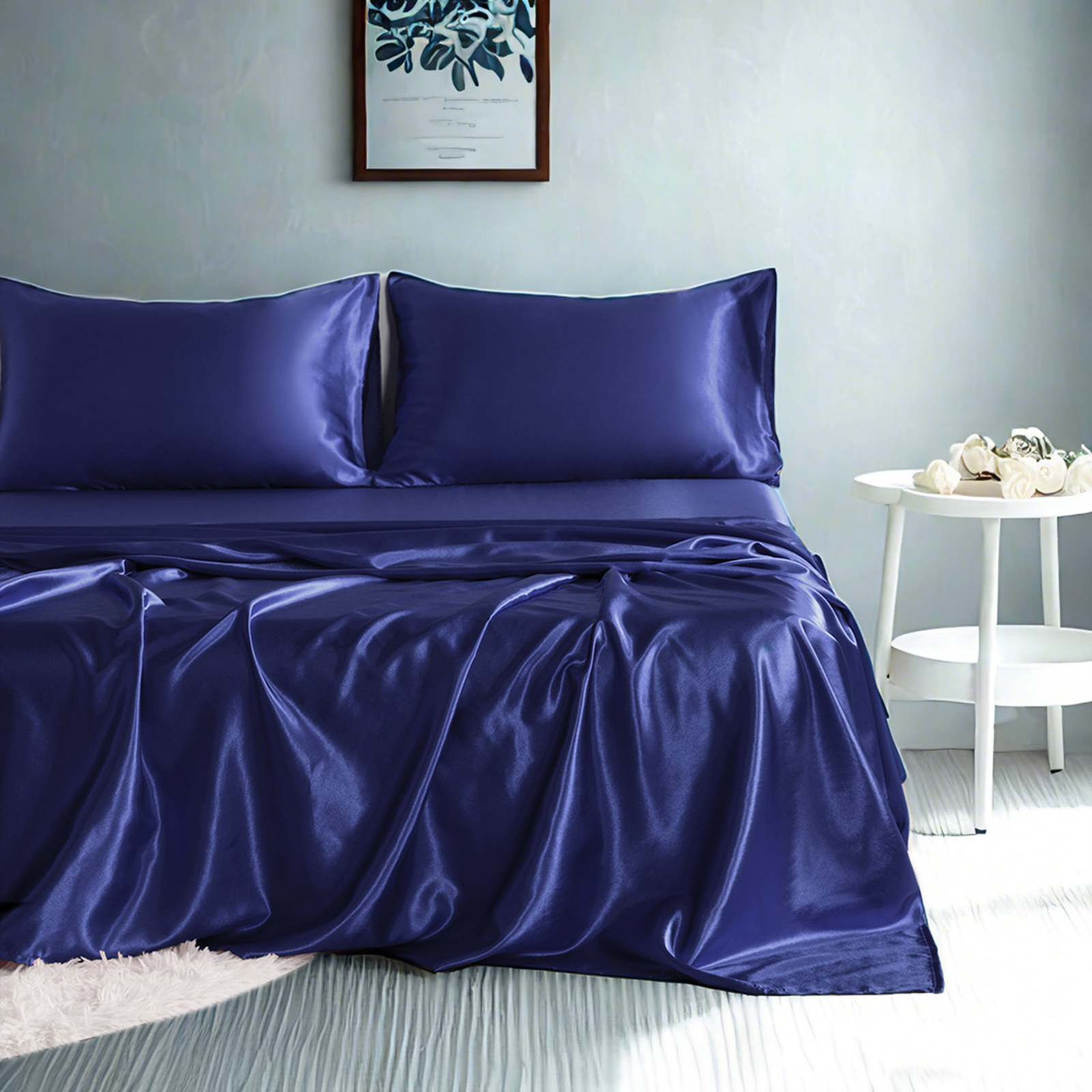 Satin Bed Sheet Set, Luxury and Silky Solid Color Sheet and Pillowcase Set, Flat Sheet, Pillowcases, Fitted Sheet with Deep Pocket, Navy Blue