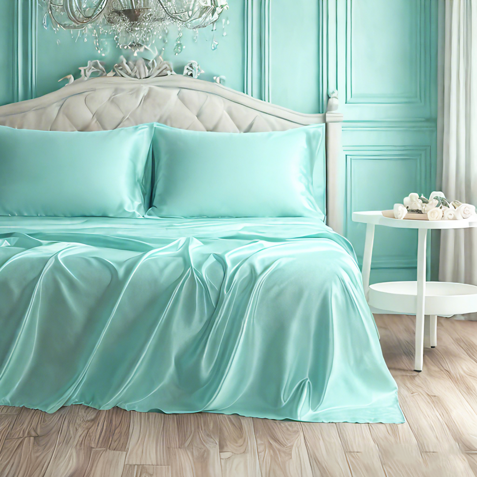 色丁床单套装，奢华丝滑纯色床单和枕套组合，含床单、枕套、深口袋床笠，蒂芙尼蓝