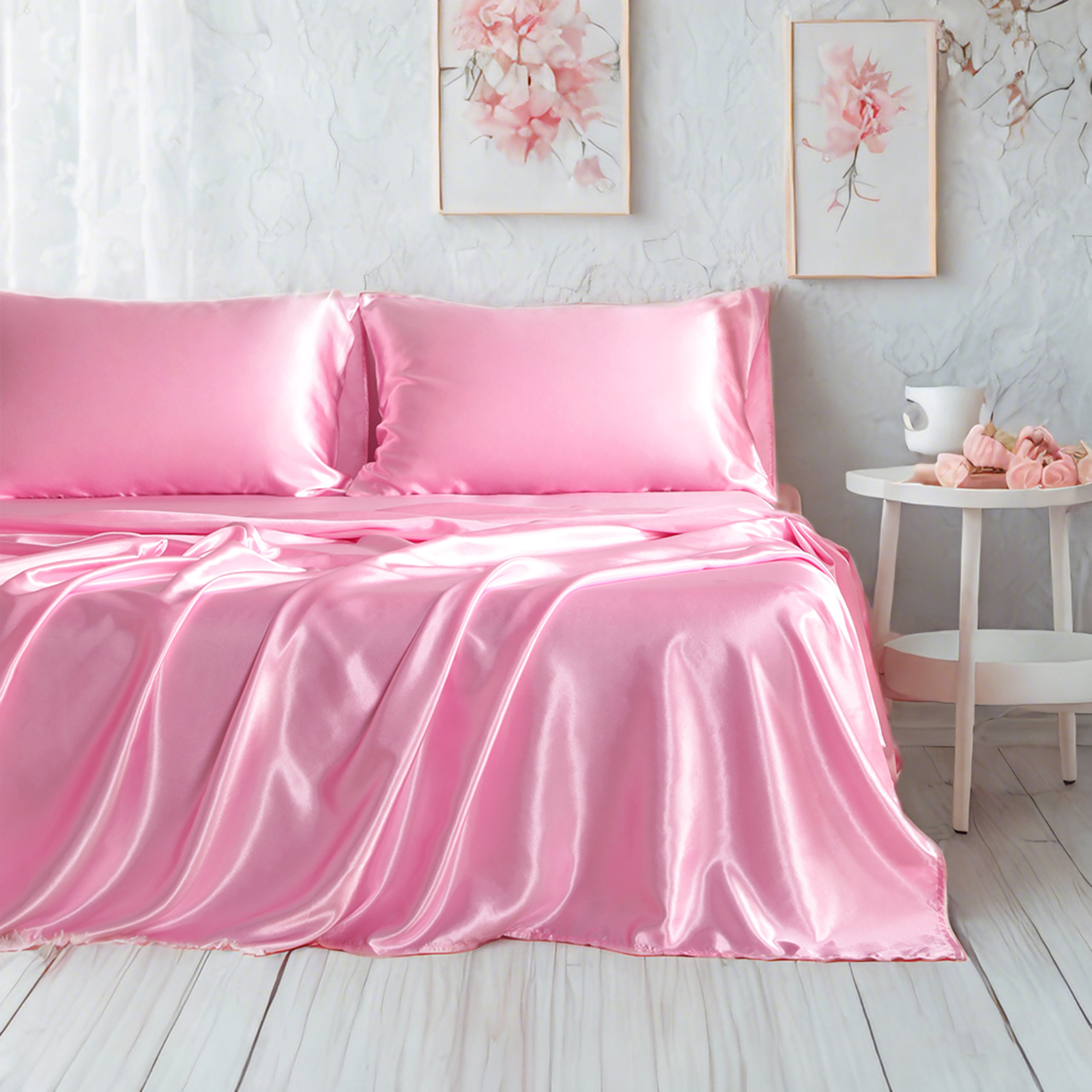 Satin Bed Sheet Set, Luxury and Silky Solid Color Sheet and Pillowcase Set, Flat Sheet, Pillowcases, Fitted Sheet with Deep Pocket, Pink