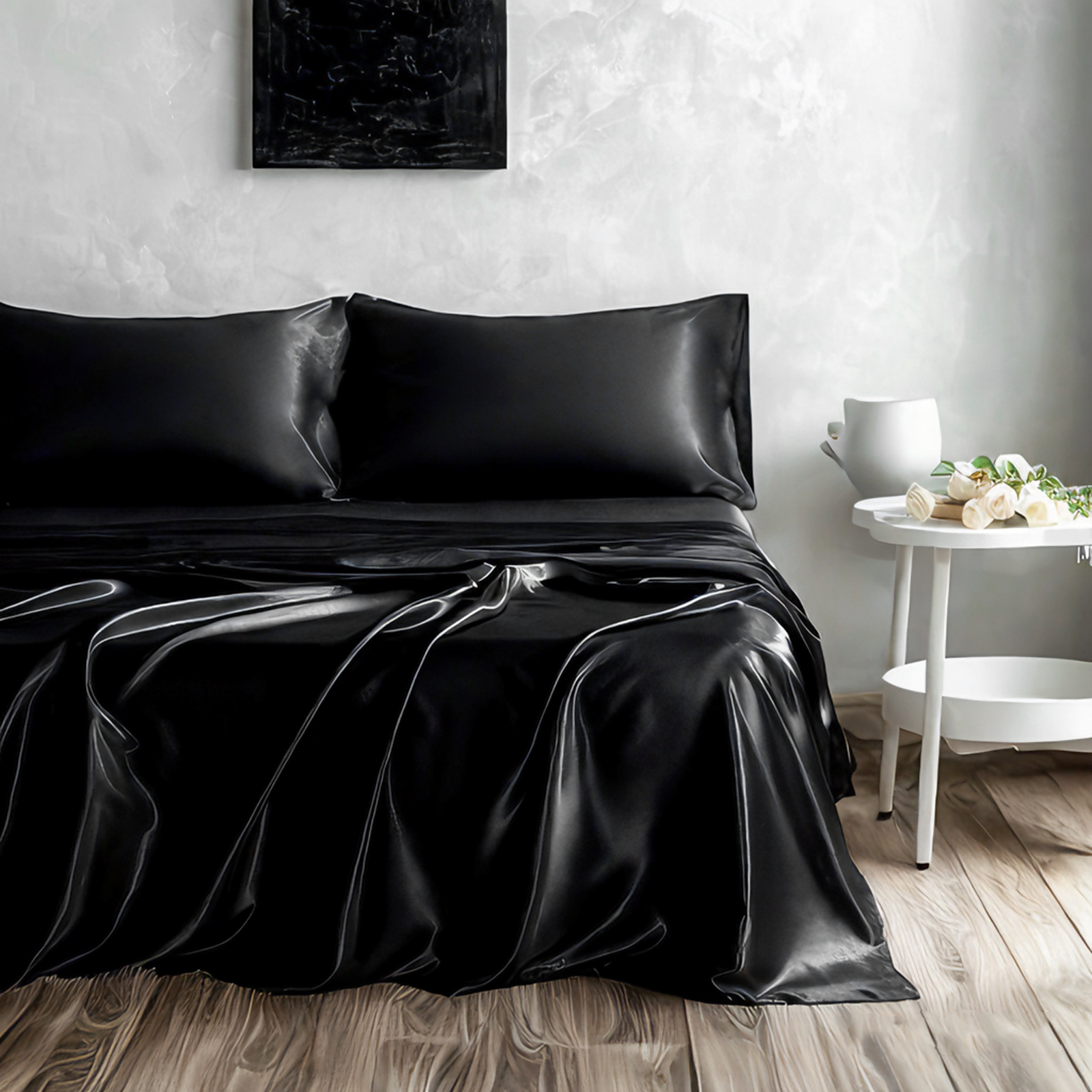 Satin Bed Sheet Set, Luxury and Silky Solid Color Sheet and Pillowcase Set, Flat Sheet, Pillowcases, Fitted Sheet with Deep Pocket, Black