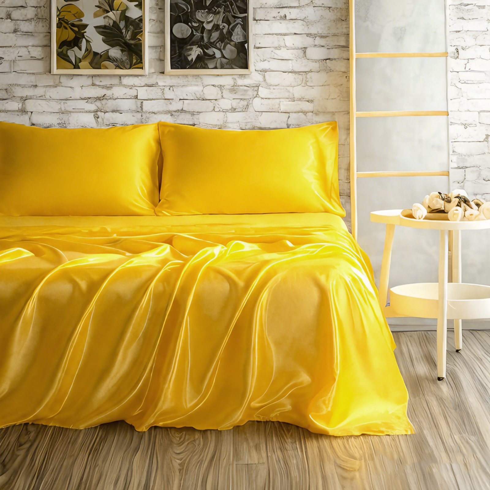 色丁床单套装，奢华丝滑纯色床单和枕套组合，含床单、枕套、深口袋床笠，黄色