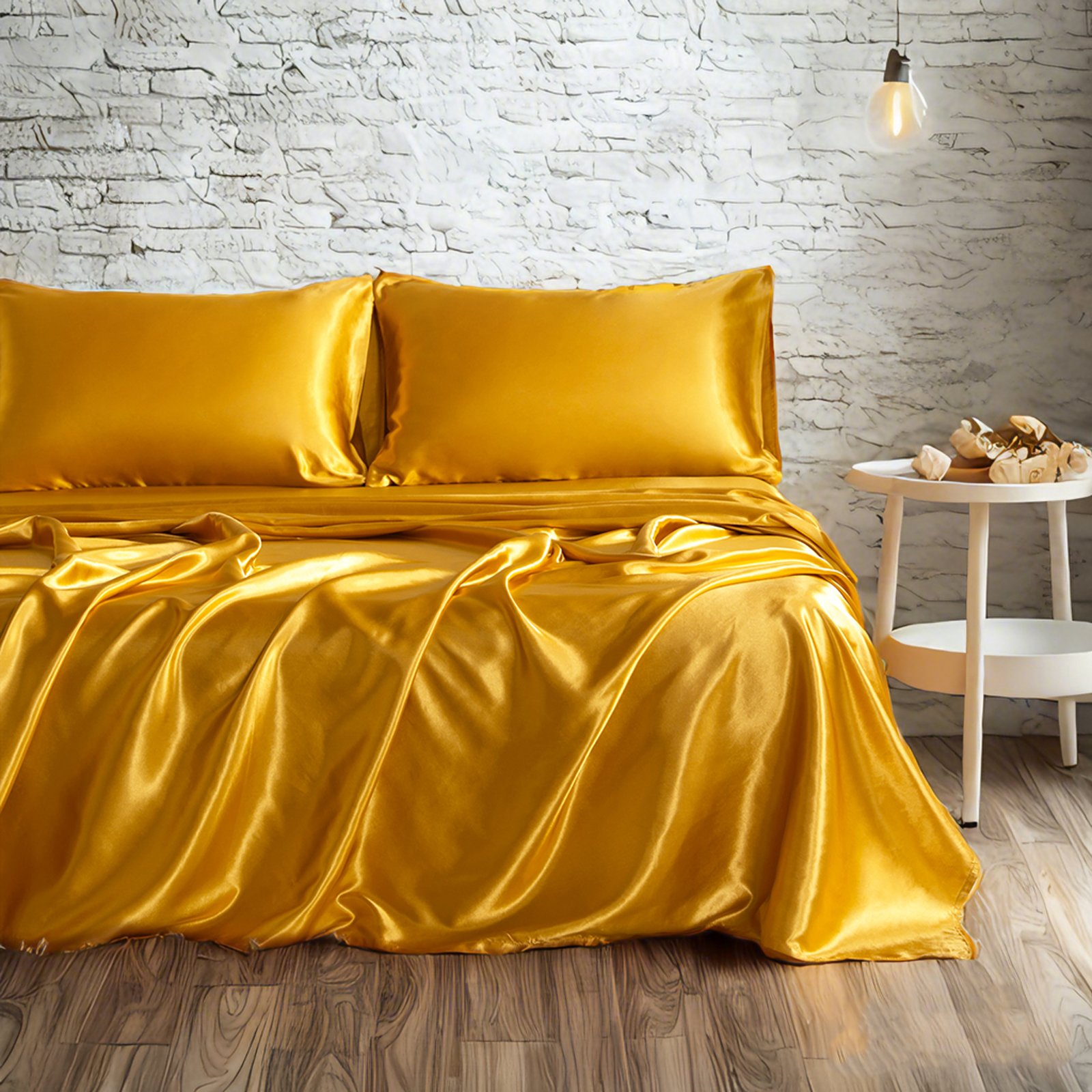 色丁床单套装，奢华丝滑纯色床单和枕套组合，含床单、枕套、深口袋床笠，焦黄