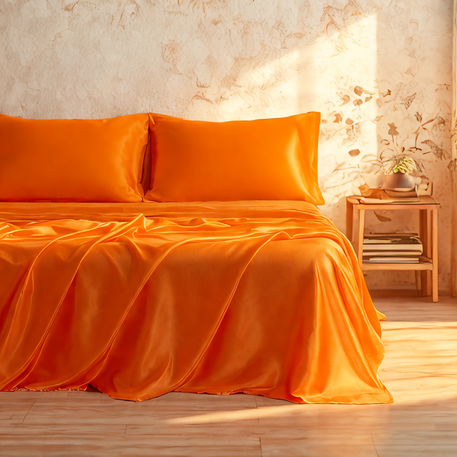 Satin Bed Sheet Set, Luxury and Silky Solid Color Sheet and Pillowcase Set, Flat Sheet, Pillowcases, Fitted Sheet with Deep Pocket, Orange