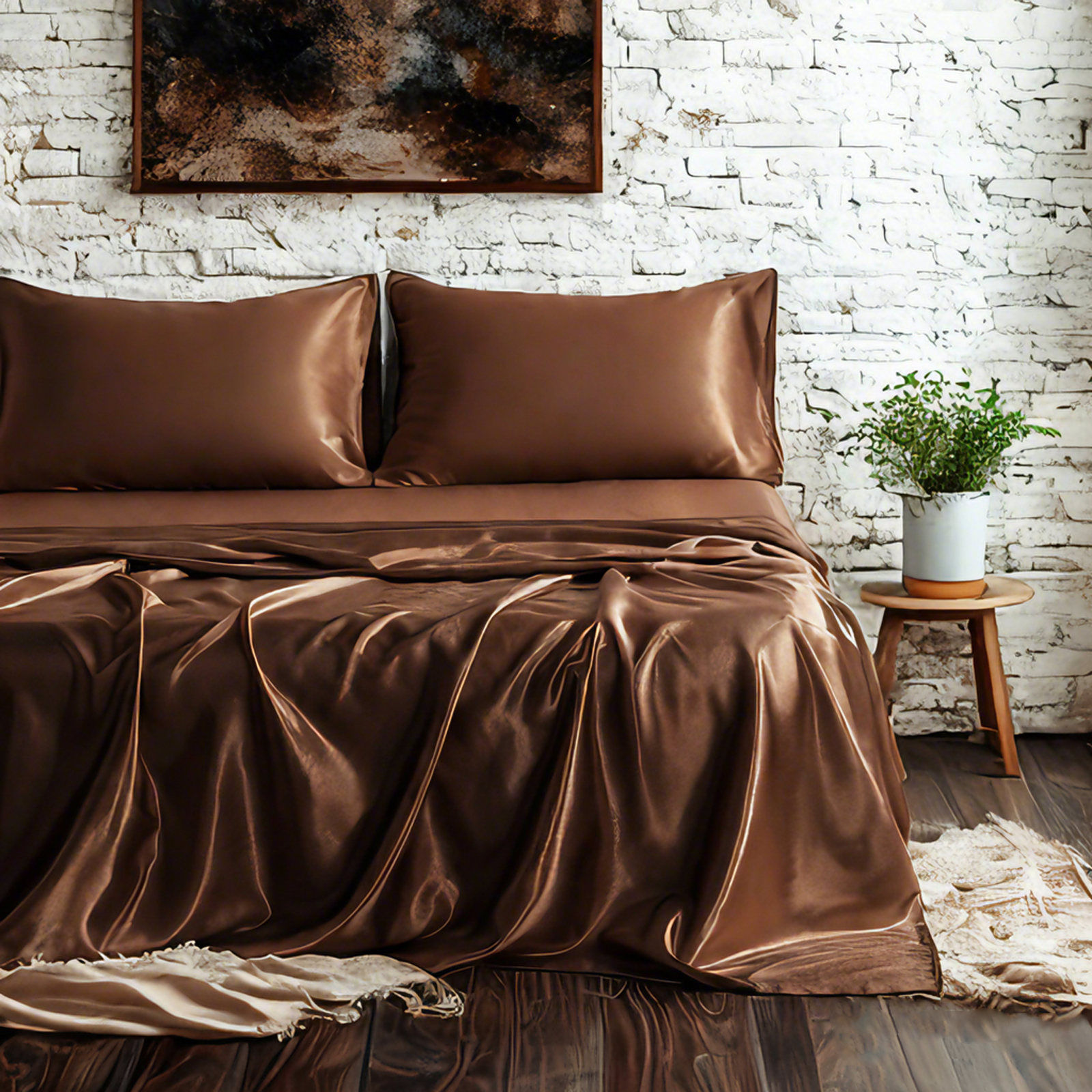 Satin Bed Sheet Set, Luxury and Silky Solid Color Sheet and Pillowcase Set, Flat Sheet, Pillowcases, Fitted Sheet with Deep Pocket, Coffee
