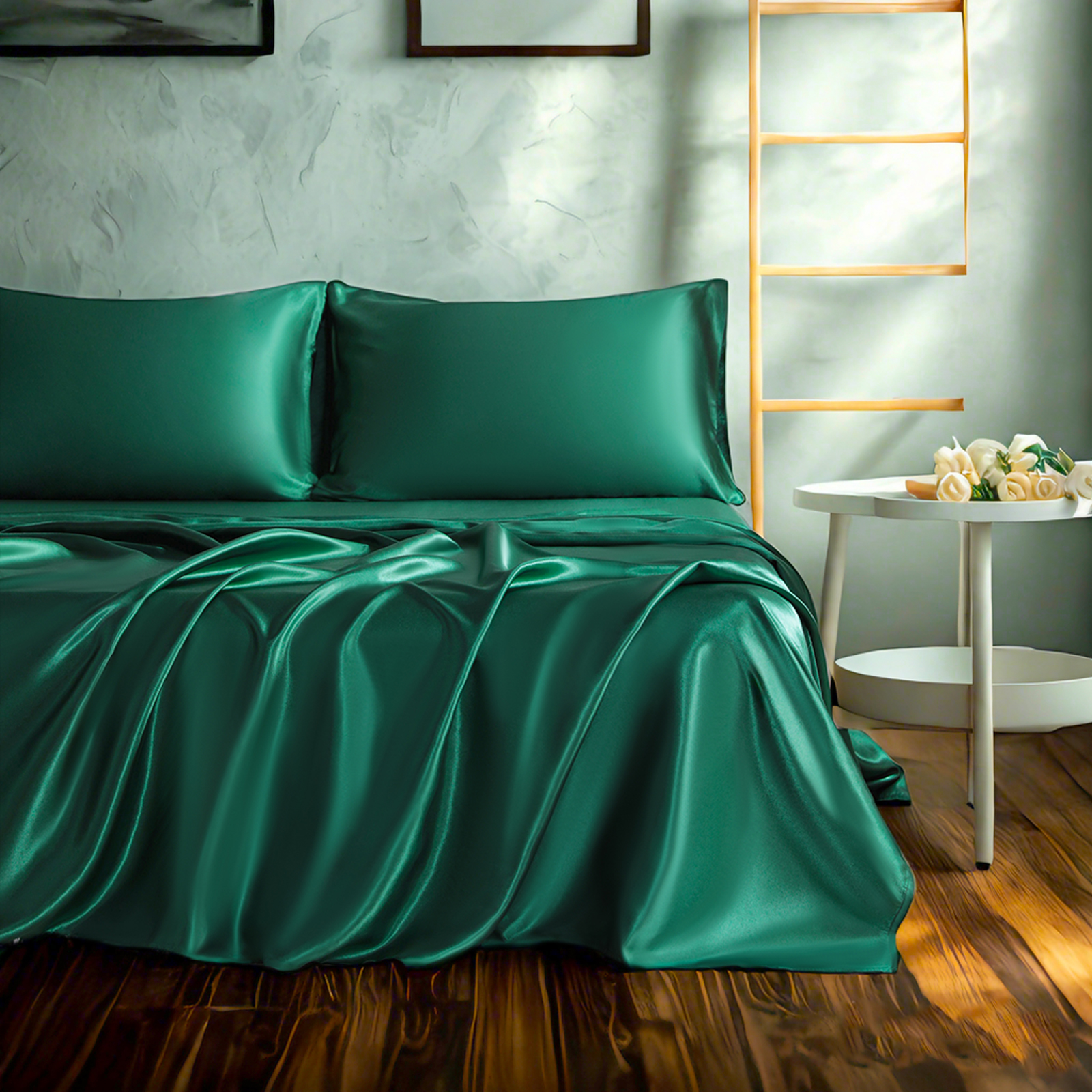 色丁床单套装，奢华丝滑纯色床单和枕套组合，含床单、枕套、深口袋床笠，墨绿