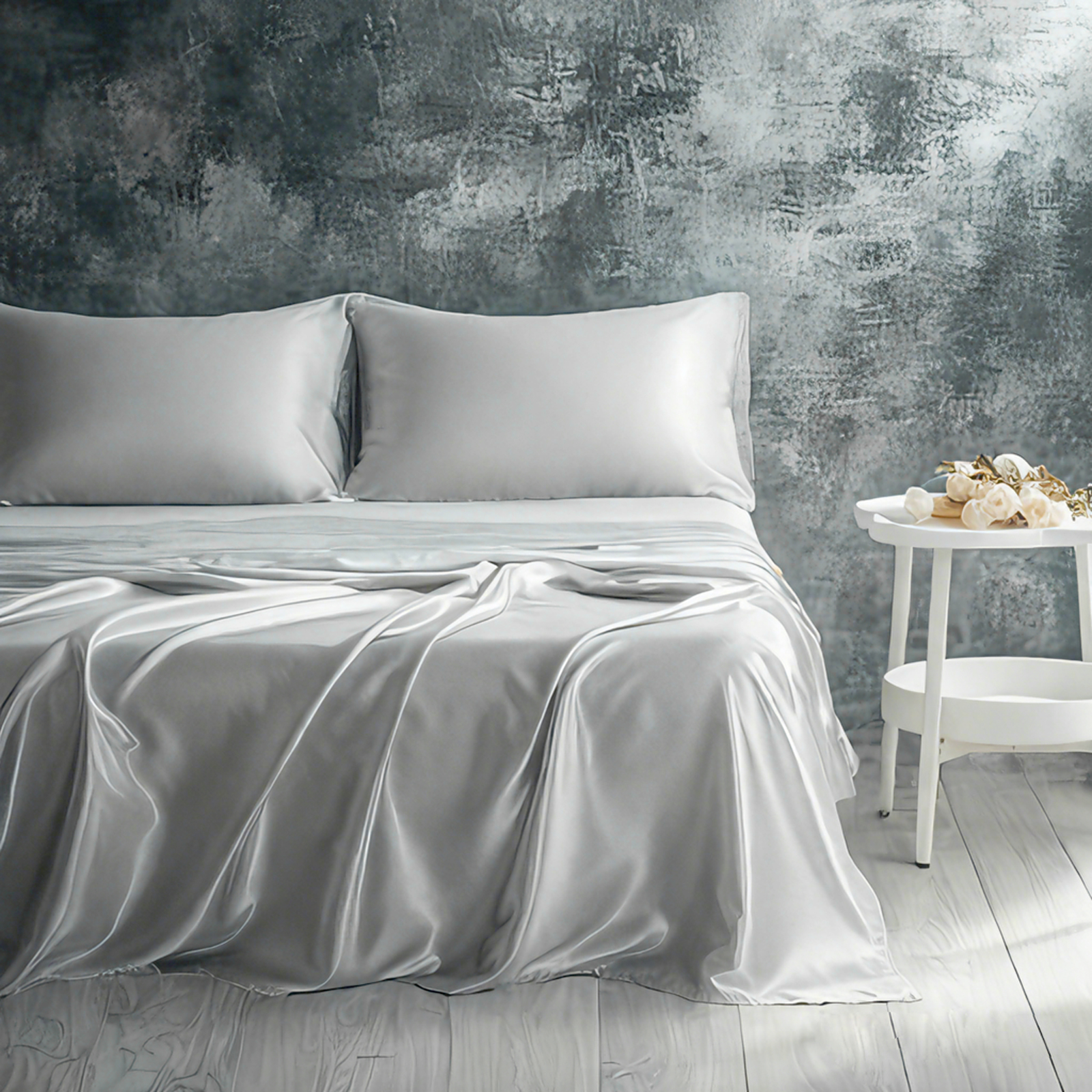 色丁床单套装，奢华丝滑纯色床单和枕套组合，含床单、枕套、深口袋床笠，银灰