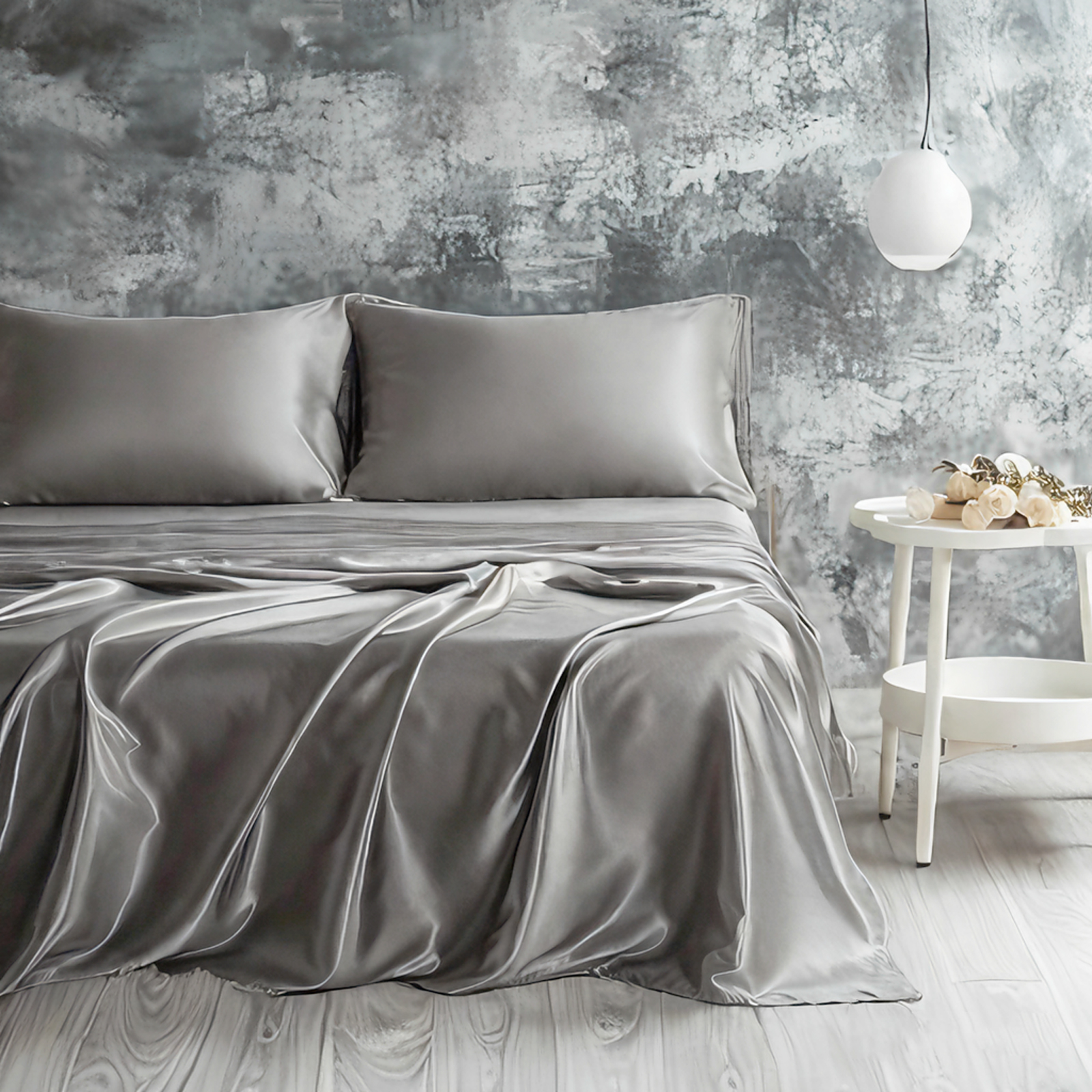 色丁床单套装，奢华丝滑纯色床单和枕套组合，含床单、枕套、深口袋床笠，灰色