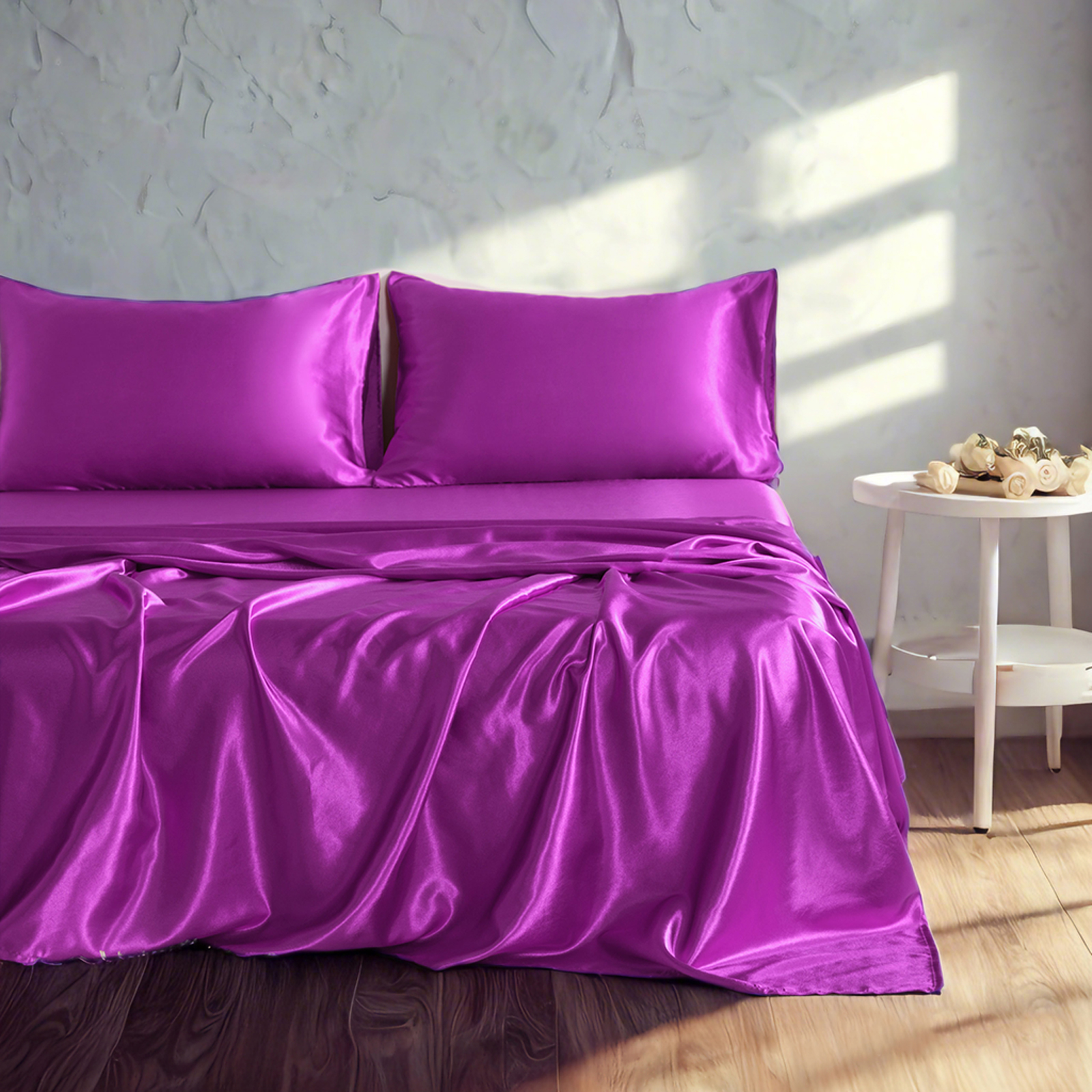 色丁床单套装，奢华丝滑纯色床单和枕套组合，含床单、枕套、深口袋床笠，紫色
