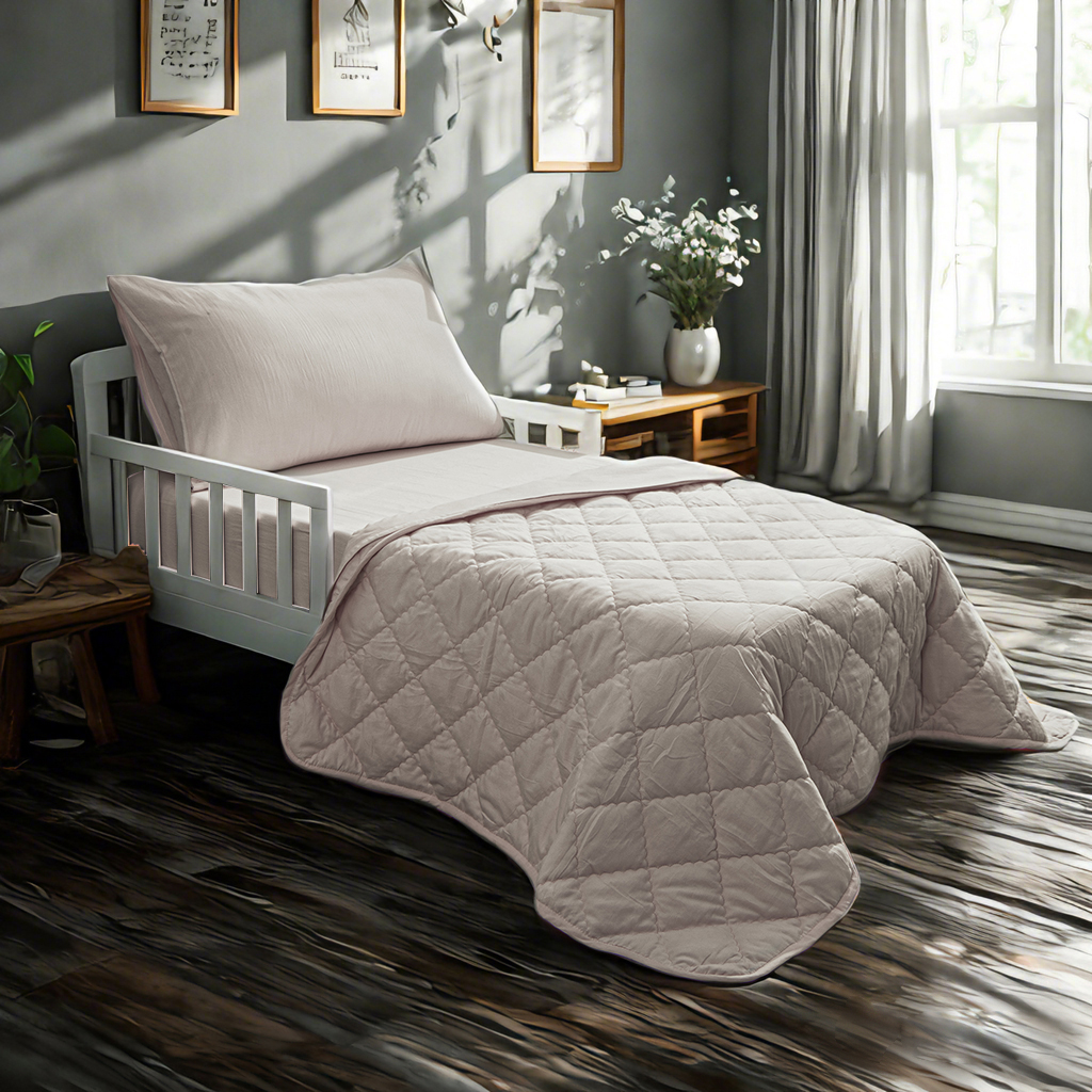 4件套幼儿床上用品，柔软透气的中性婴儿床床上用品，包括绗缝被子、床笠、床单、信封枕套