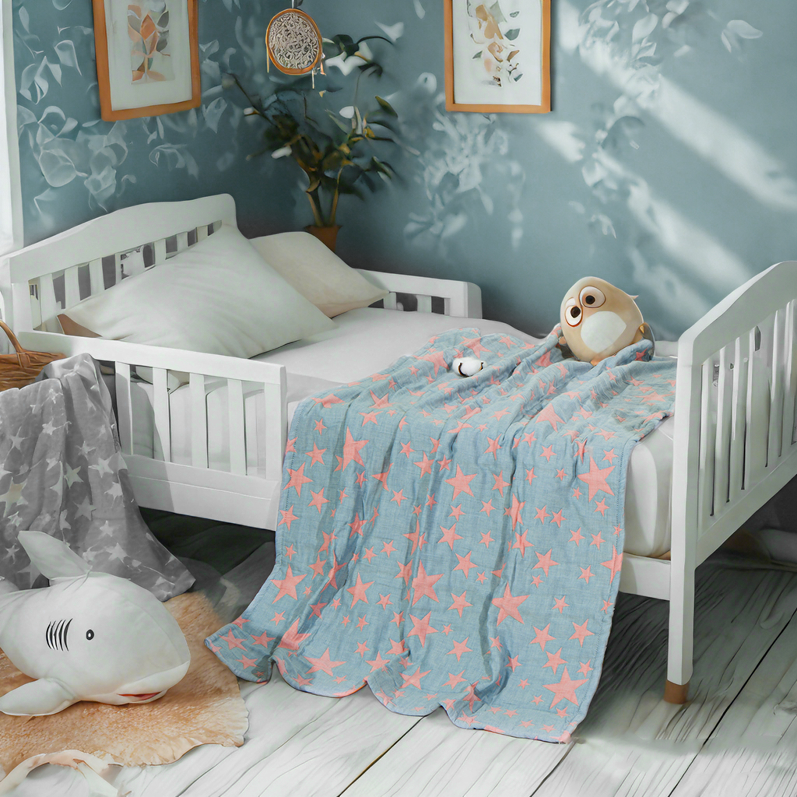 3 层薄纱棉质幼儿毯，轻便保暖，提花婴儿毯，四季皆宜