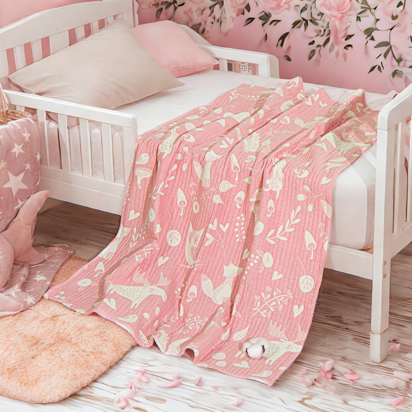 3-Layer Muslin Cotton Toddler Blanket, Lightweight and Warm, Jacquard Baby Blanket, Perfect for All Seasons